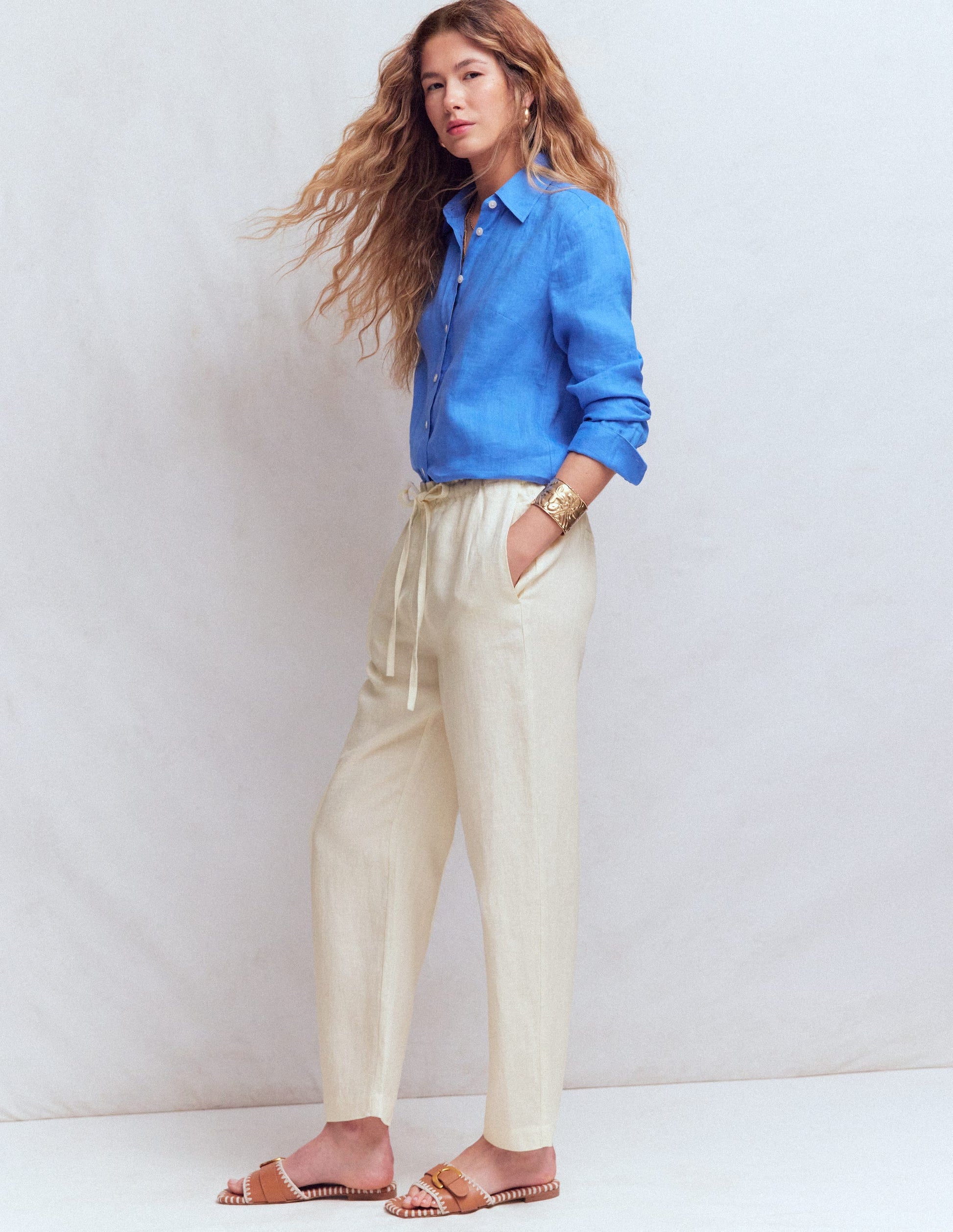 Islington Linen Crop Trousers-Ivory-1