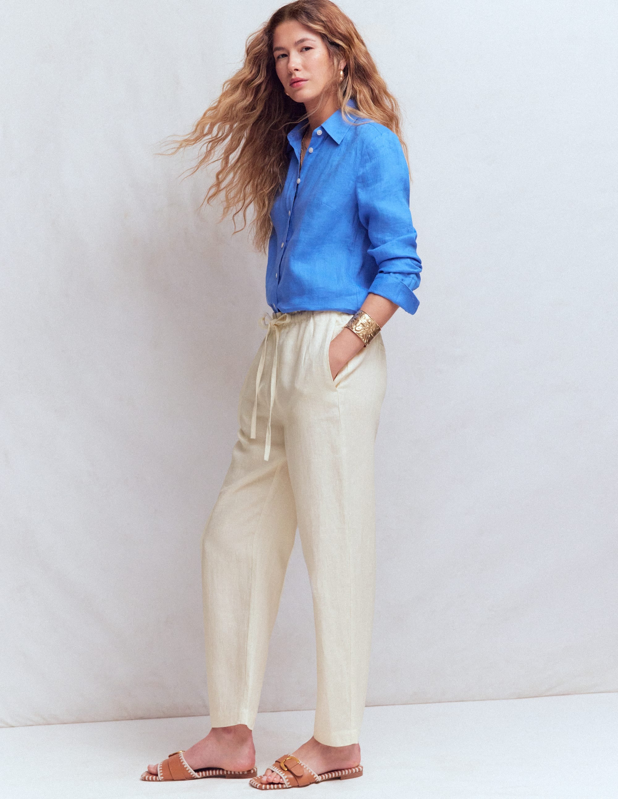 Islington Linen Crop Trousers-Ivory - Image 1