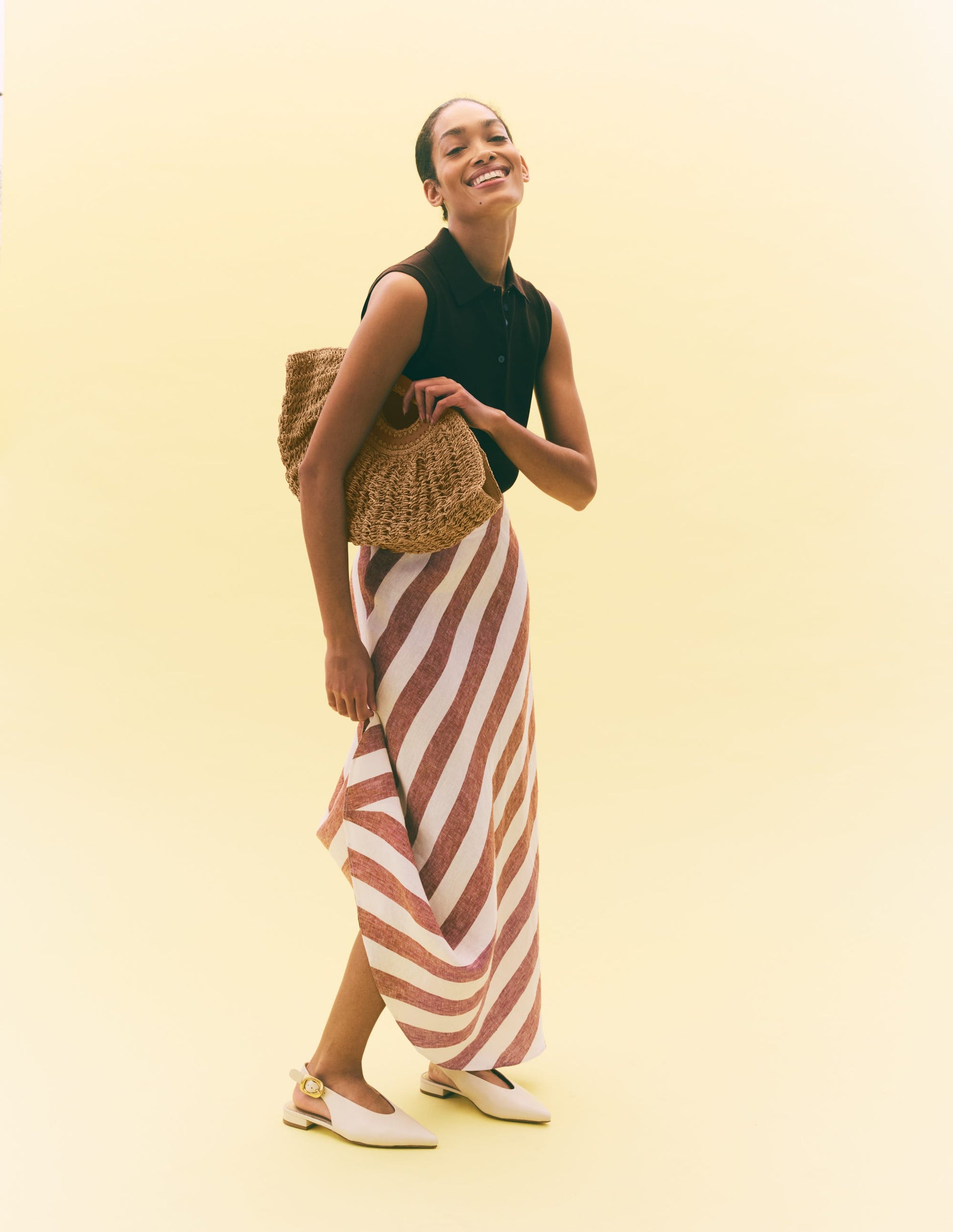Bias Cut Linen Slip Skirt-Brown Diagonal Stripe-1