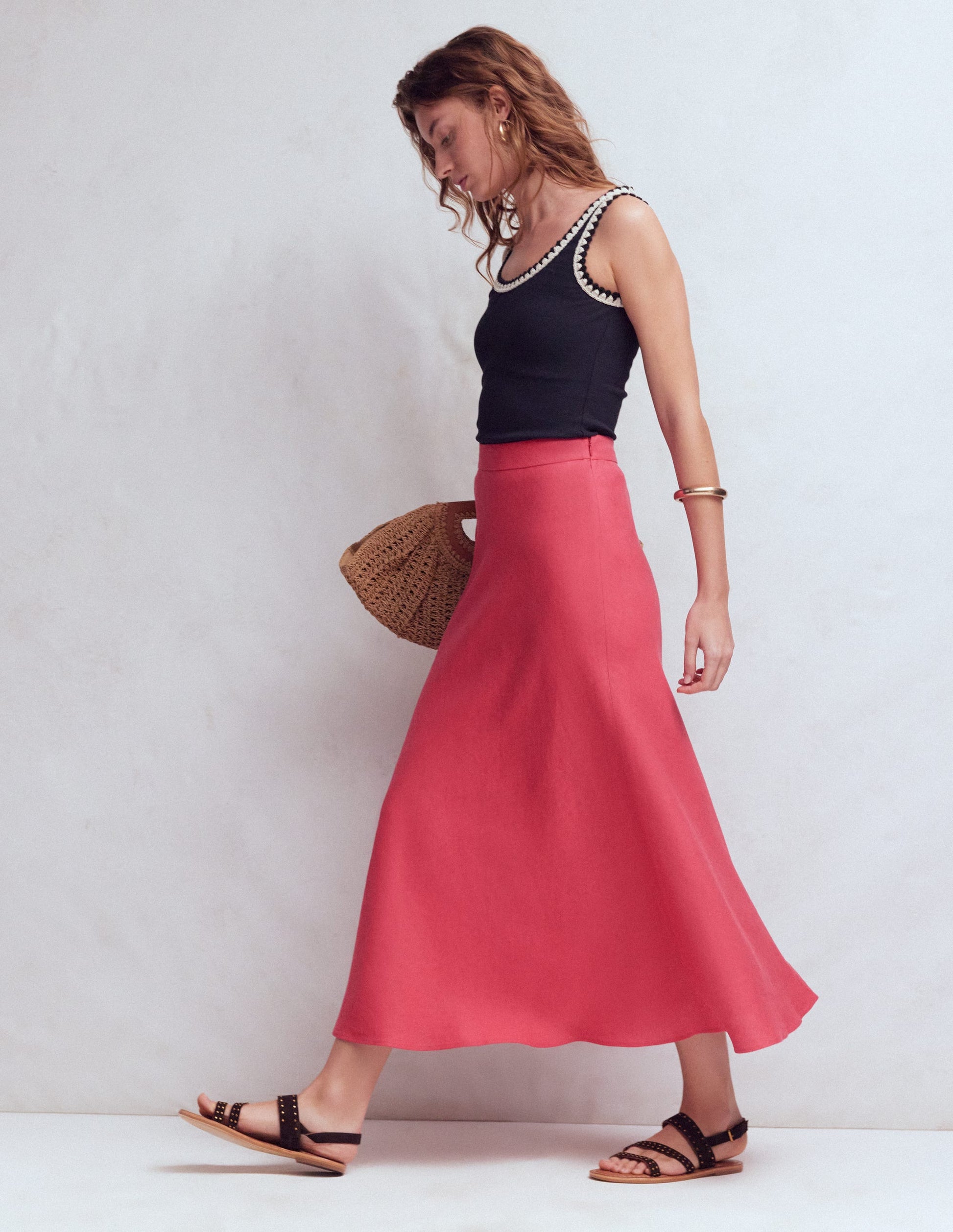 Bias Cut Linen Slip Skirt-Cherry Blush-5