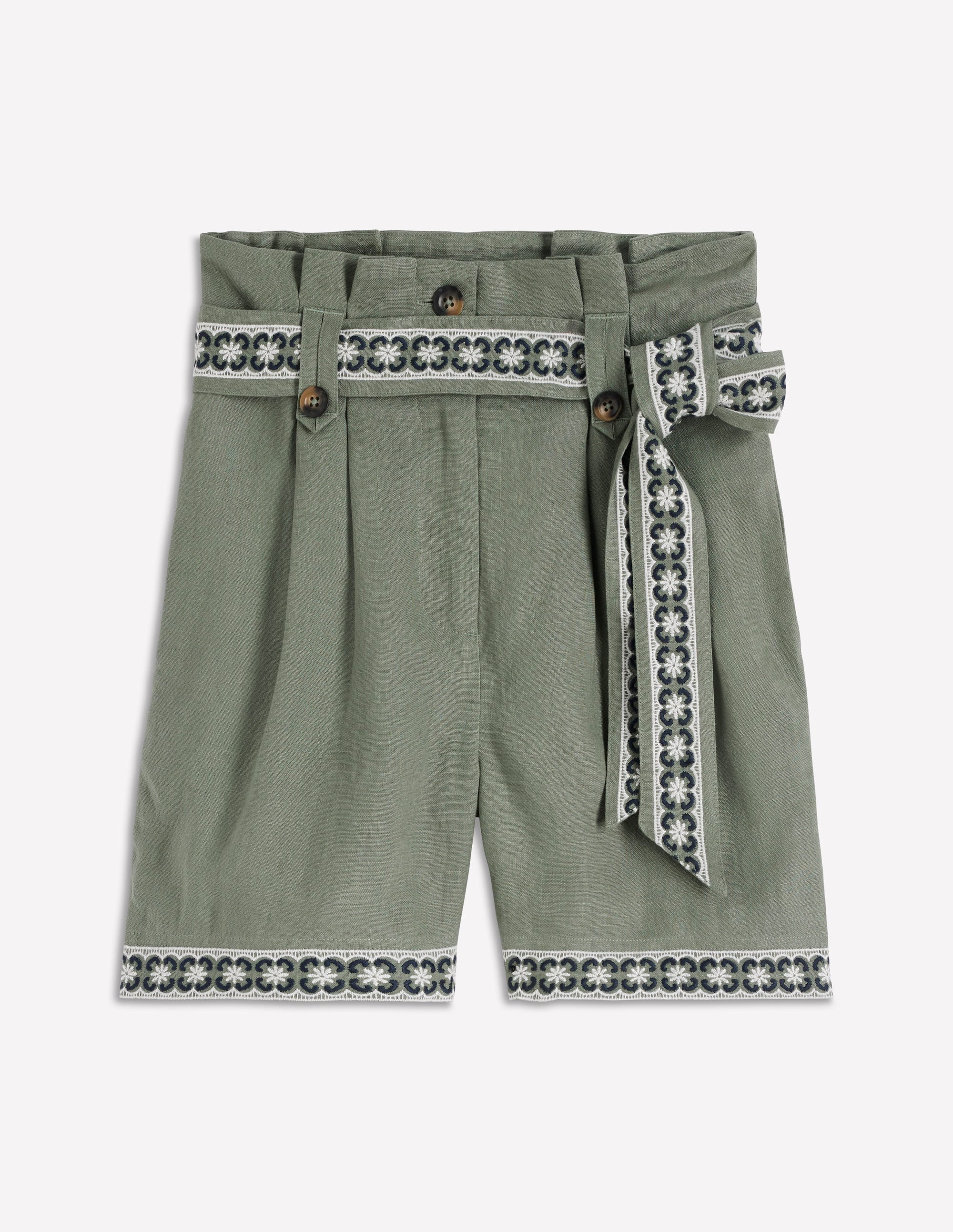 Paperbag Linen Belted Shorts-Green Grey Embroidery - Image 6