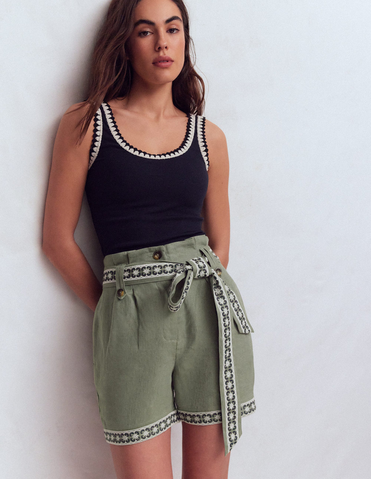 Paperbag Linen Belted Shorts-Green Grey Embroidery - Image 1