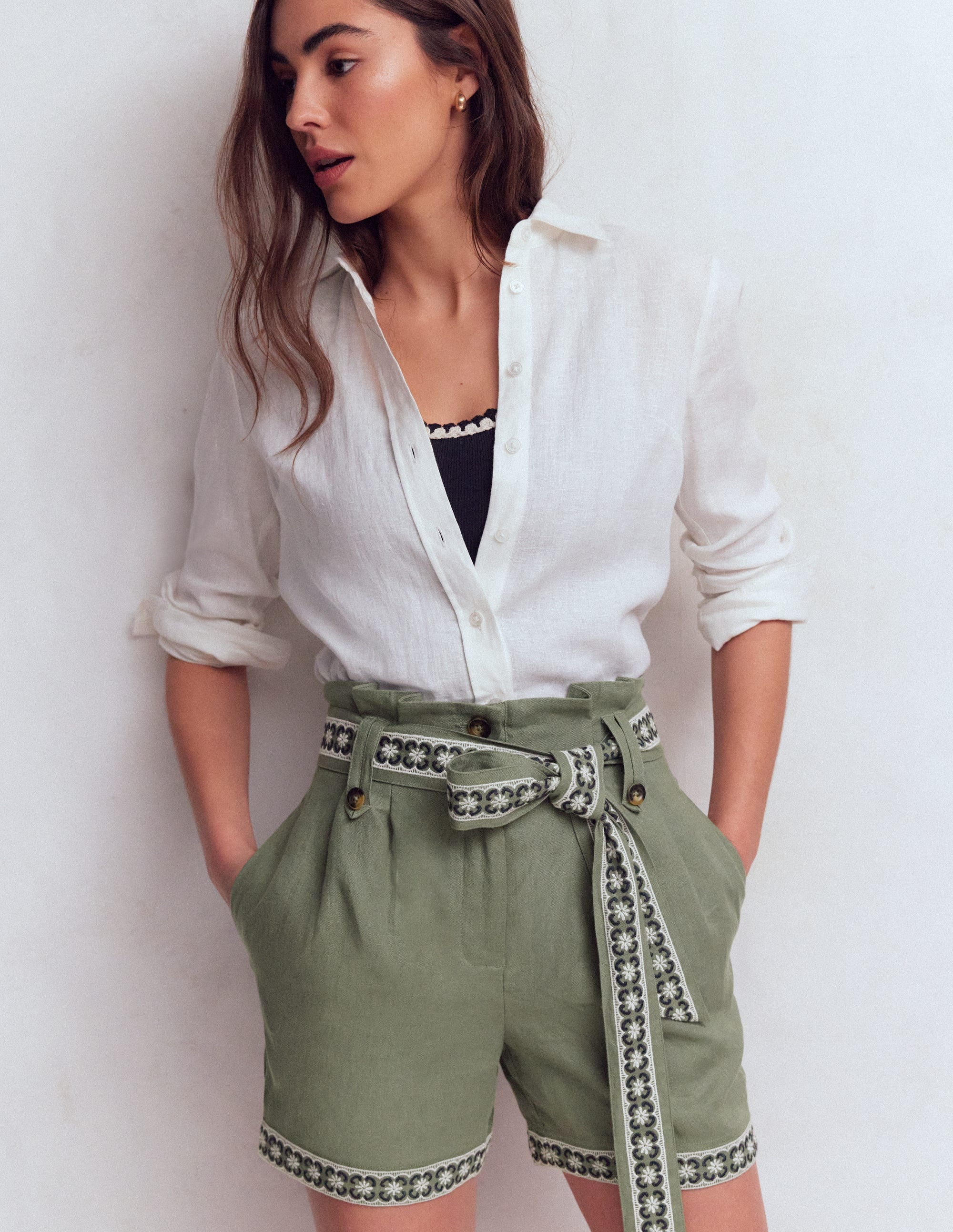 Paperbag Linen Belted Shorts-Green Grey Embroidery - Image 5