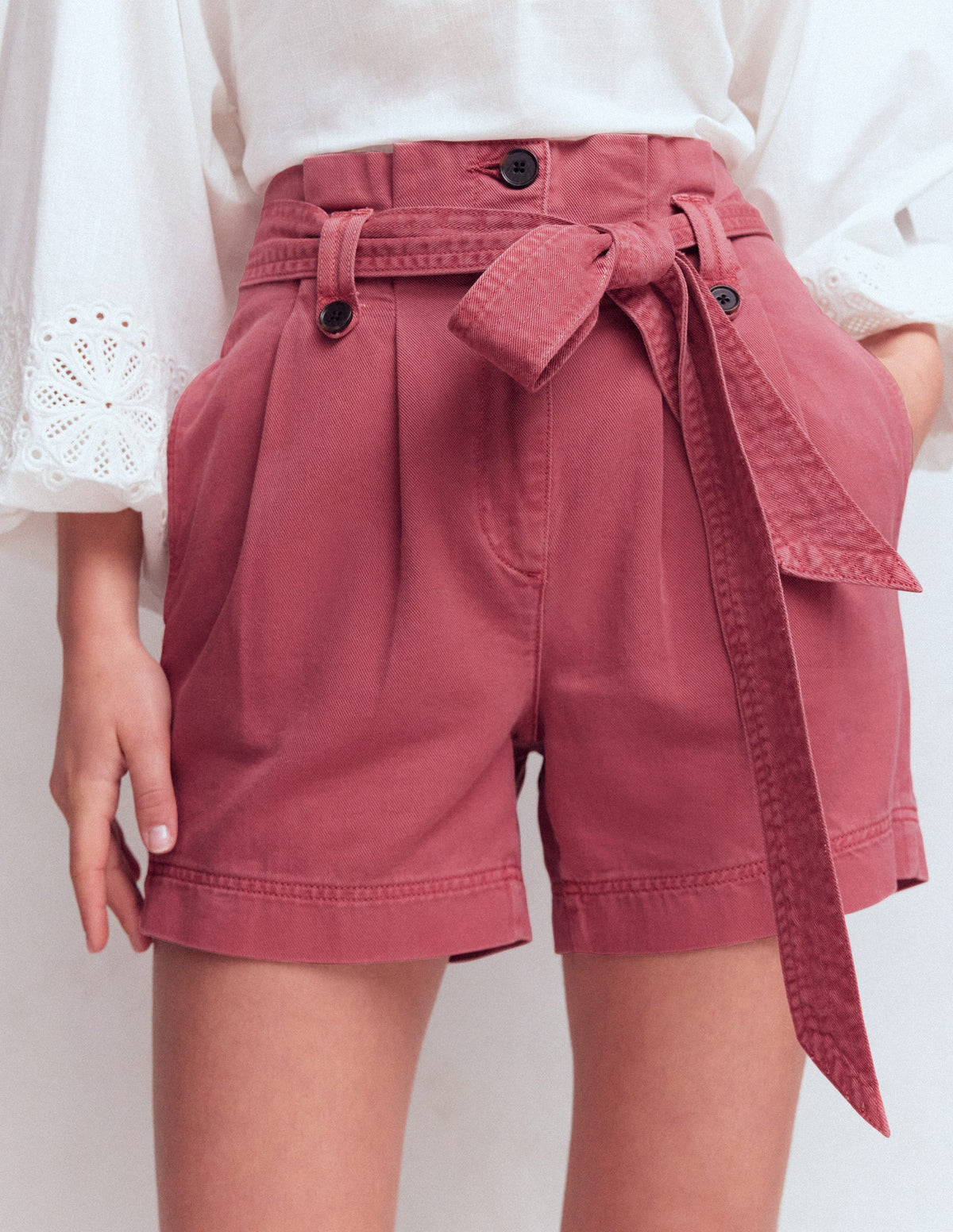 Paperbag Linen Belted Shorts-Cherry Blush - Image 4