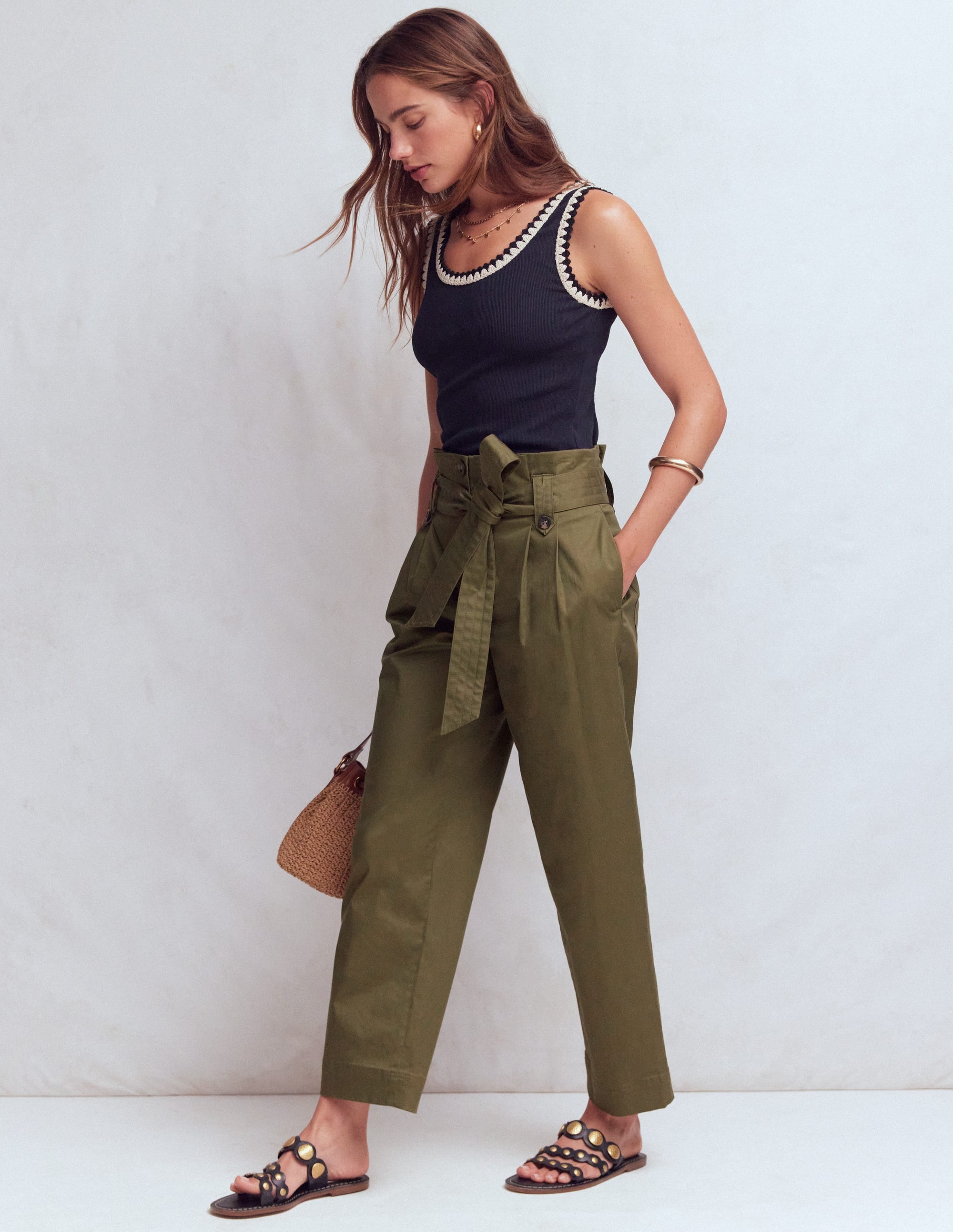 Paperbag Waist Trousers-Woodland Green - Image 1