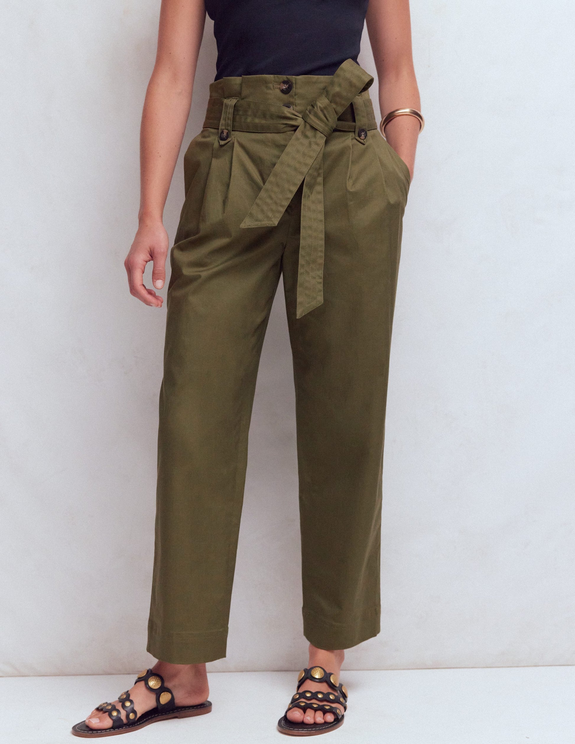 Paperbag Waist Trousers-Woodland Green-4