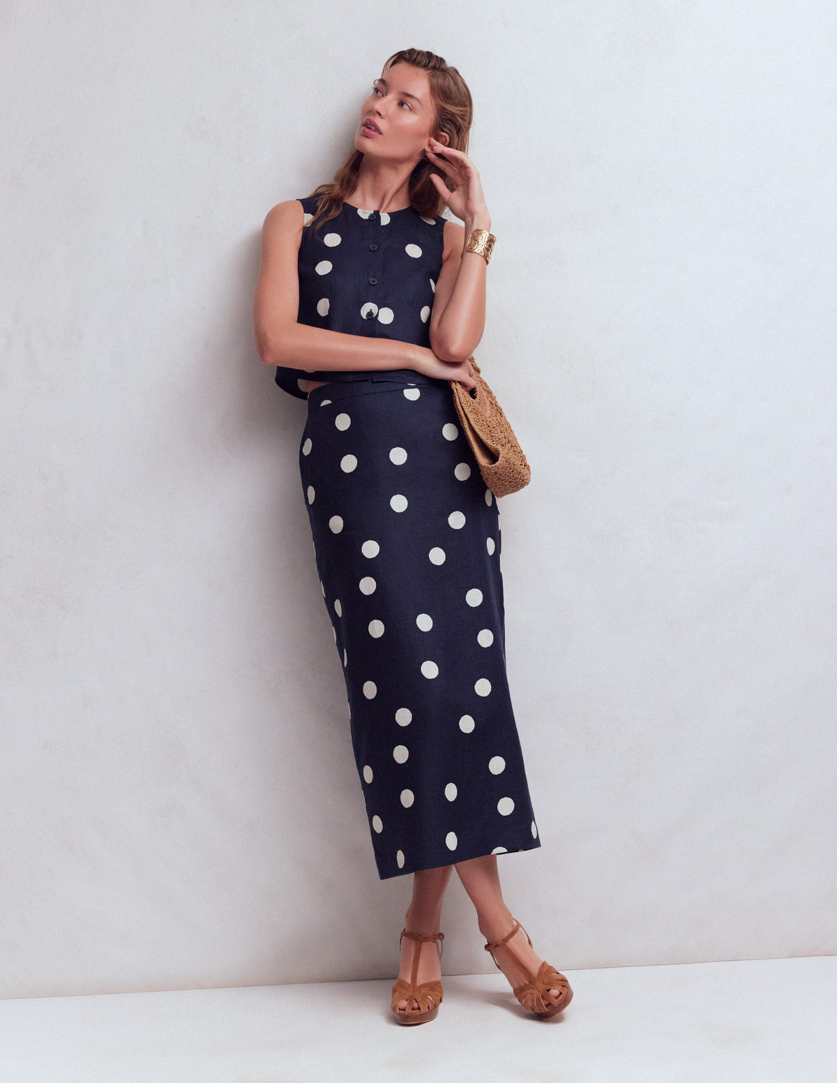 Longline Column Skirt-French Navy, Ivory Spot - Image 1