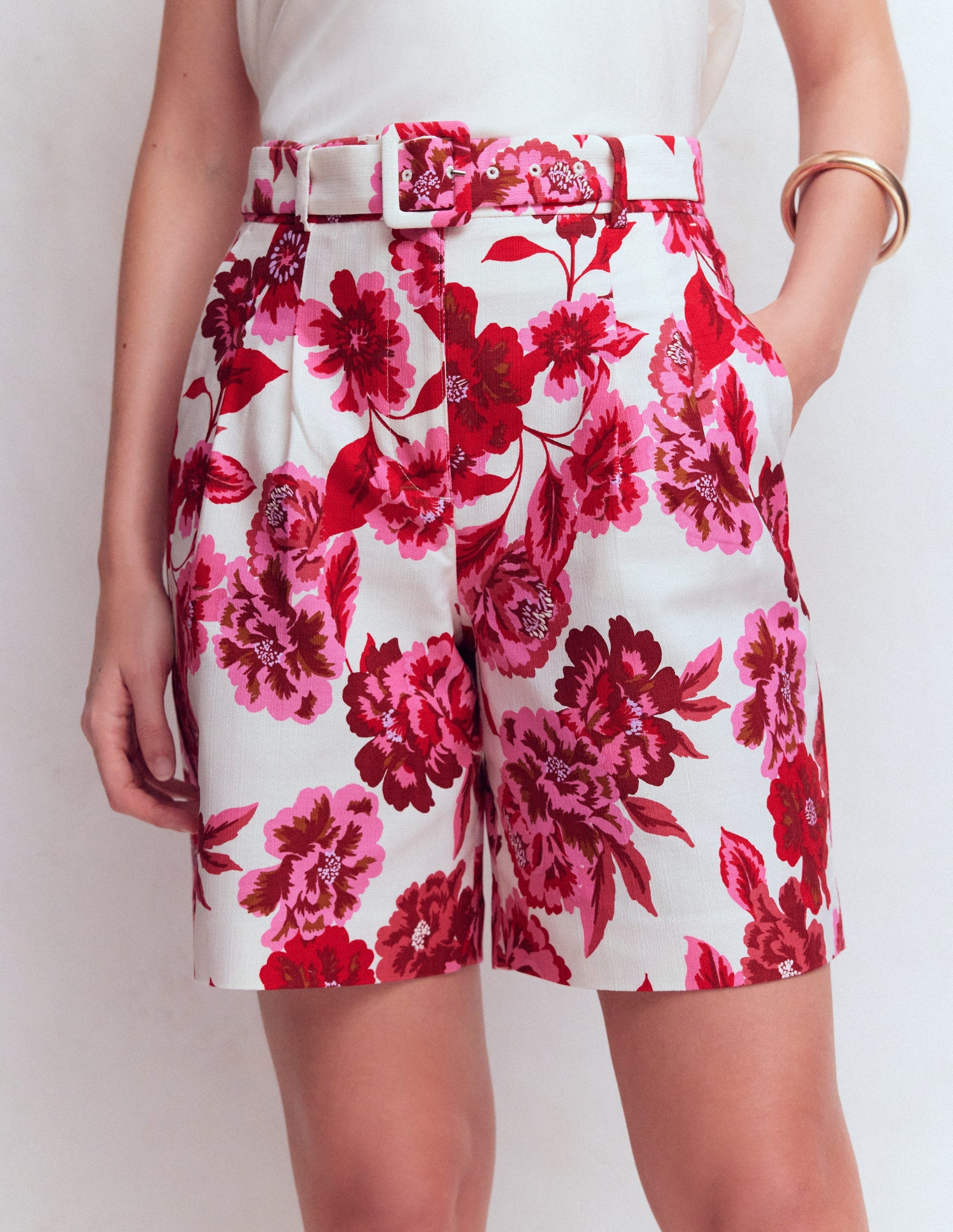Chelsea Belted Tailored Shorts-Sangria Sunset, Floral Print-6