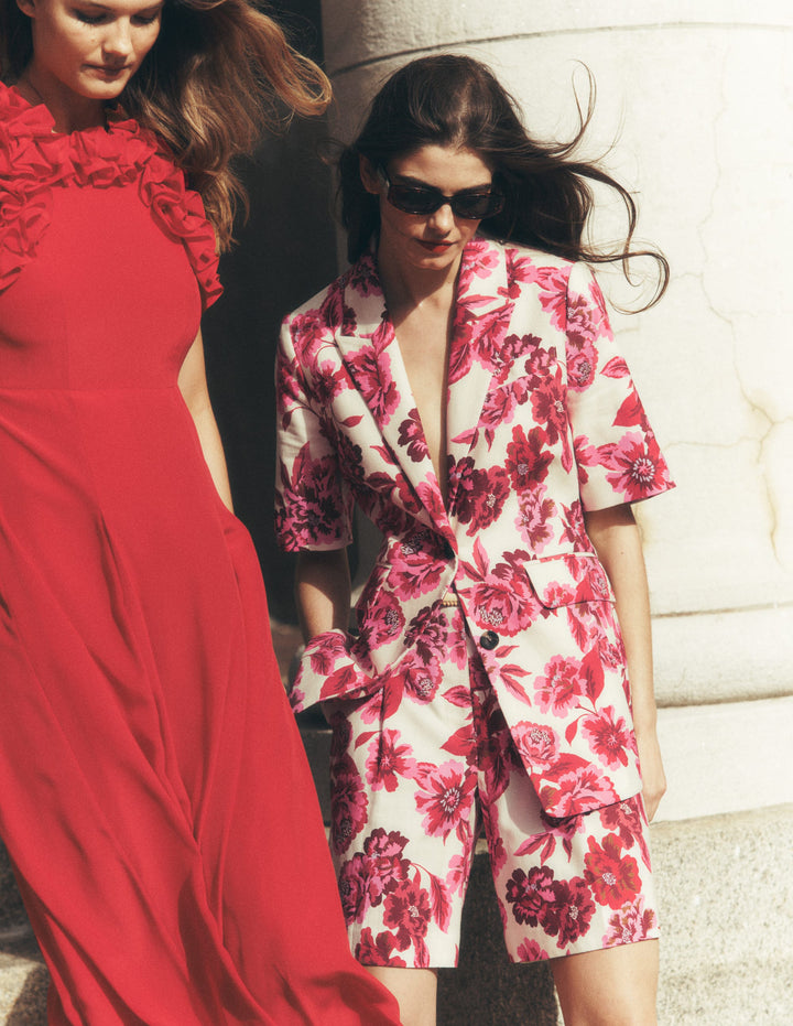 Chelsea Belted Tailored Shorts-Sangria Sunset, Floral Print