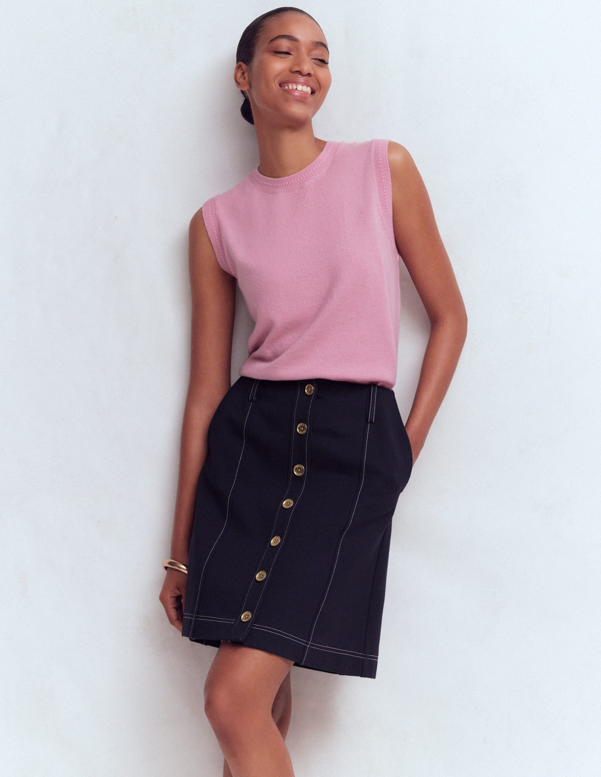 Contrast Stitch Ponte Skirt-Navy-1
