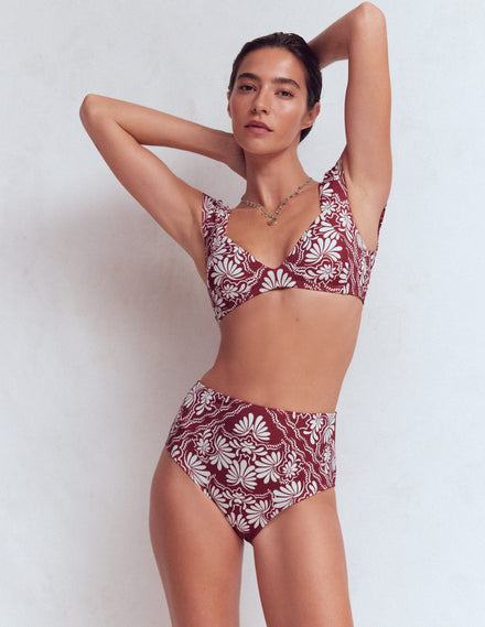 High Waisted Bikini Bottoms-Maroon, Botanical Charm