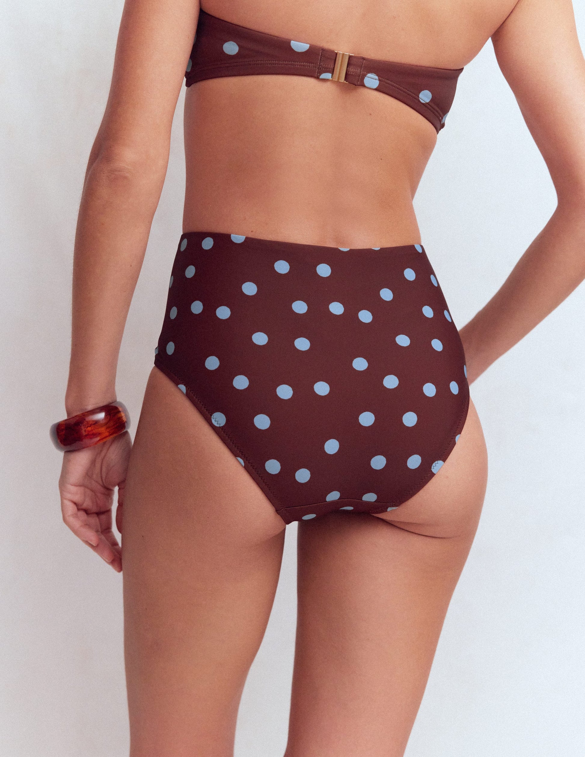 Kythira Ruched Bikini Bottoms-Chocolate And Blue Painted Dot-3
