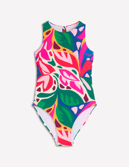 Piped Sporty Swimsuit-Multi, Leafy Cascade-5