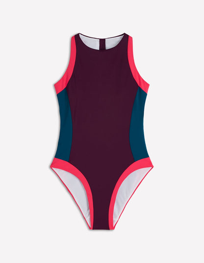 Sporty Rash Guard Swimsuit-Purple, Colourblock-6