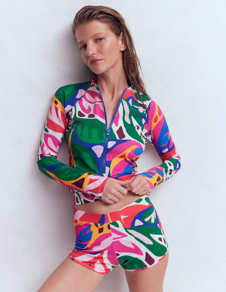 Long Sleeve Rash Guard Top-Multi, Leafy Cascade