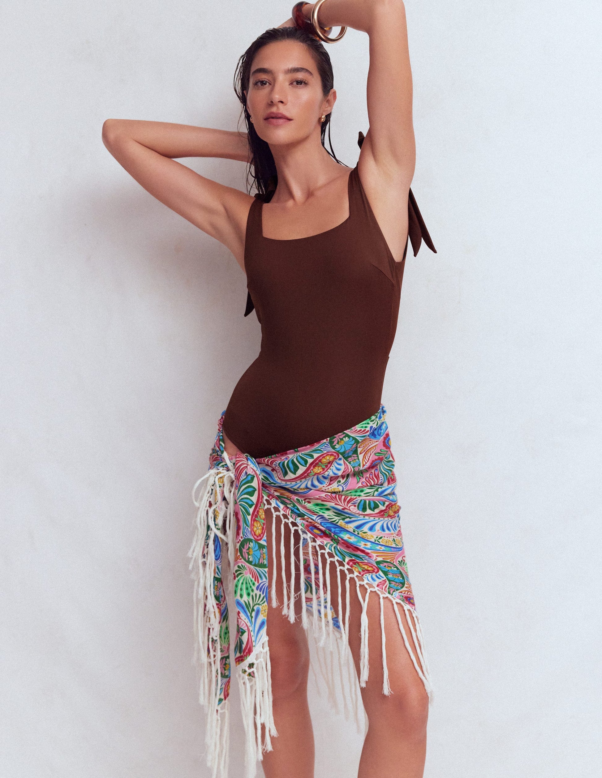 Bow Tie Shoulder Swimsuit-Cinnamon-5