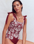Bow Tie Shoulder Swimsuit-Maroon, Botanical Charm