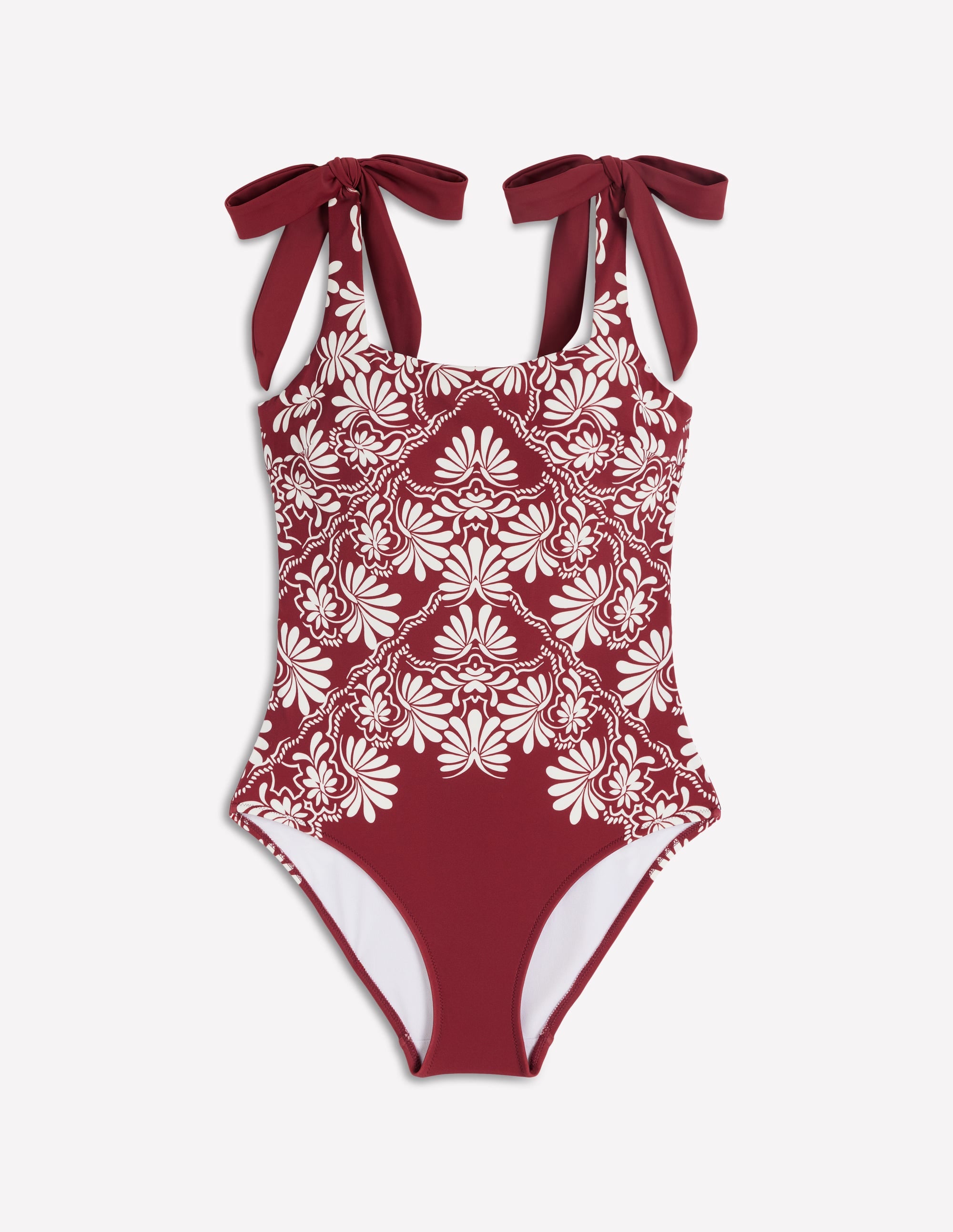 Bow Tie Shoulder Swimsuit-Maroon, Botanical Charm - Image 6