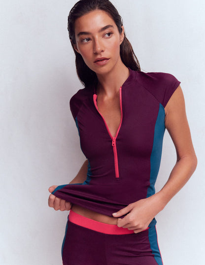 Short Sleeve Rash Guard Top-Purple, Colour block-4