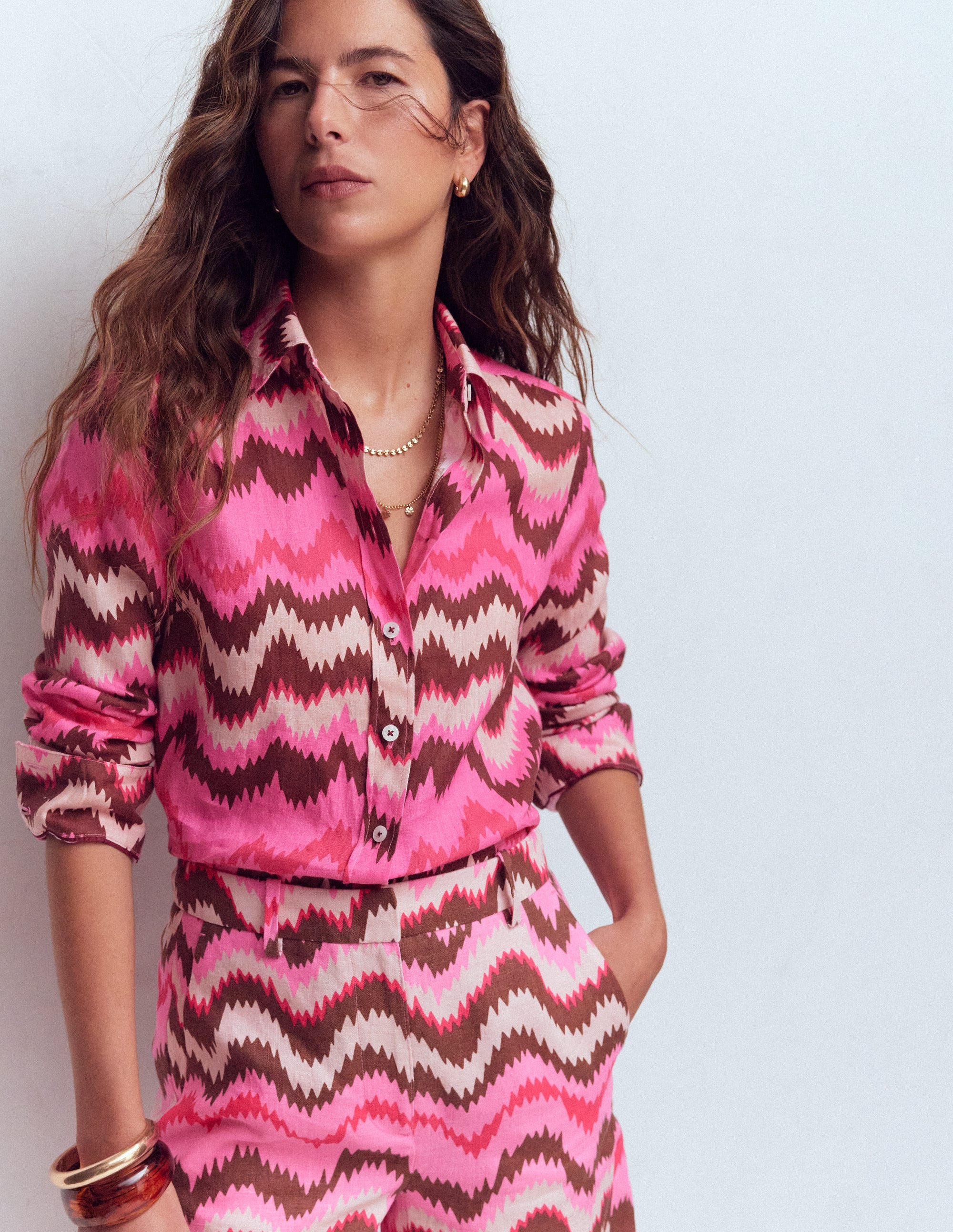 Sienna Linen Shirt-Pink Punch, Zig Zag Wave - Image 5