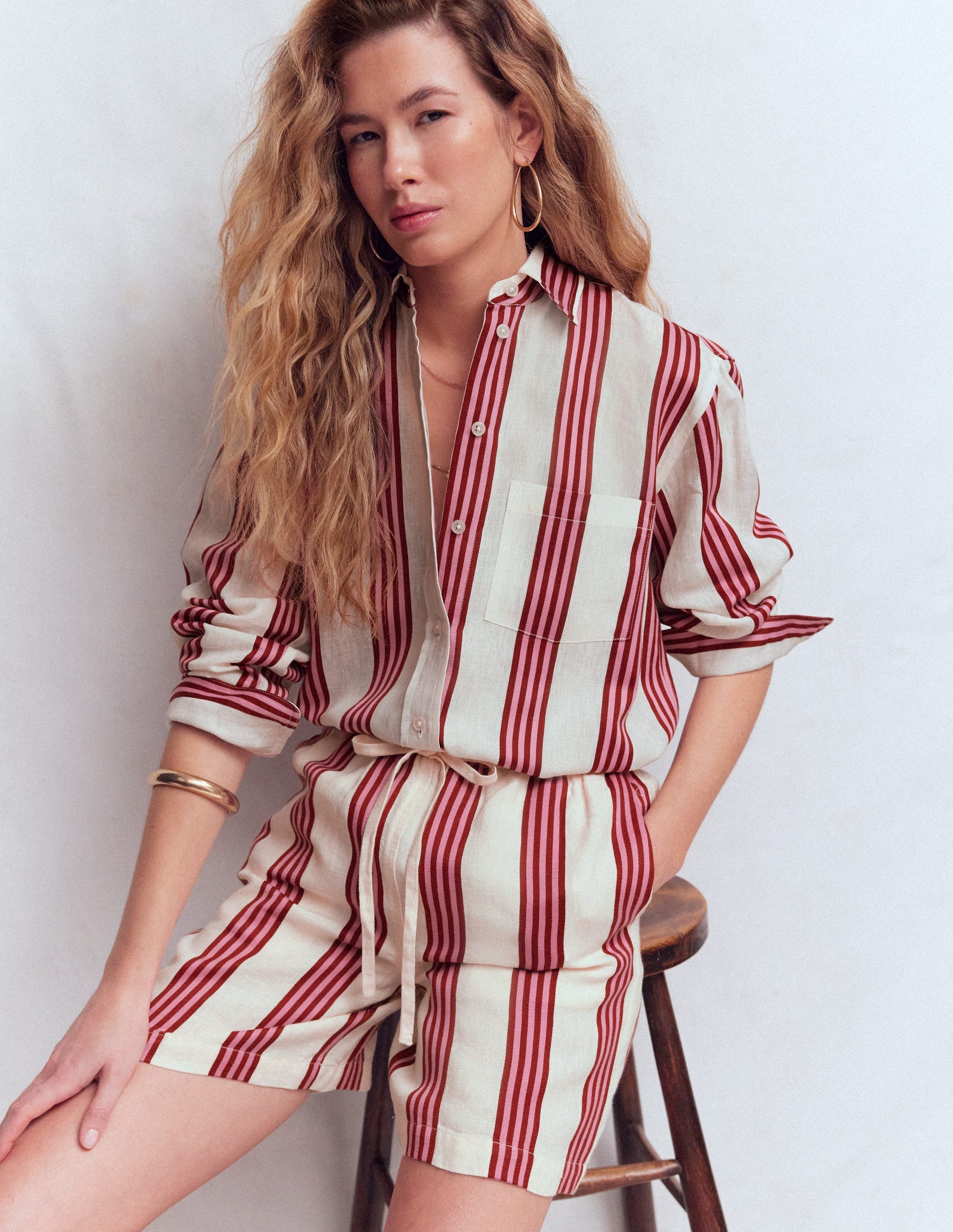 Sadie Relaxed Linen Shirt-Ivory, Brown, Pink Stripe-1
