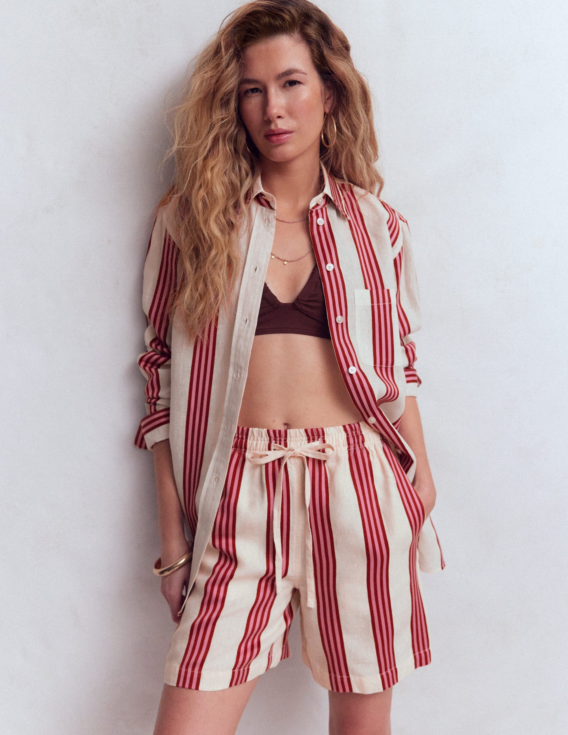 Sadie Relaxed Linen Shirt-Ivory, Brown, Pink Stripe-5