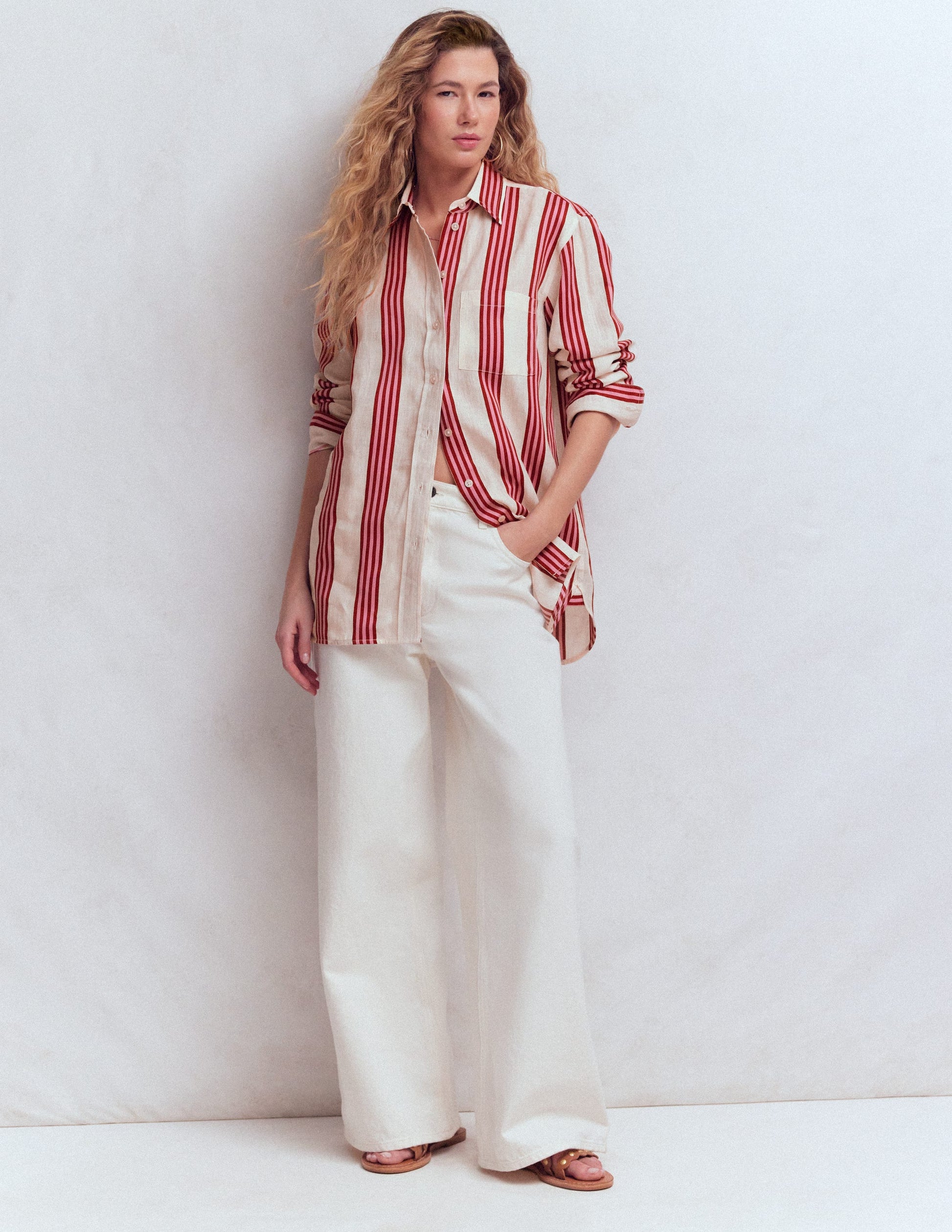 Sadie Relaxed Linen Shirt-Ivory, Brown, Pink Stripe-6
