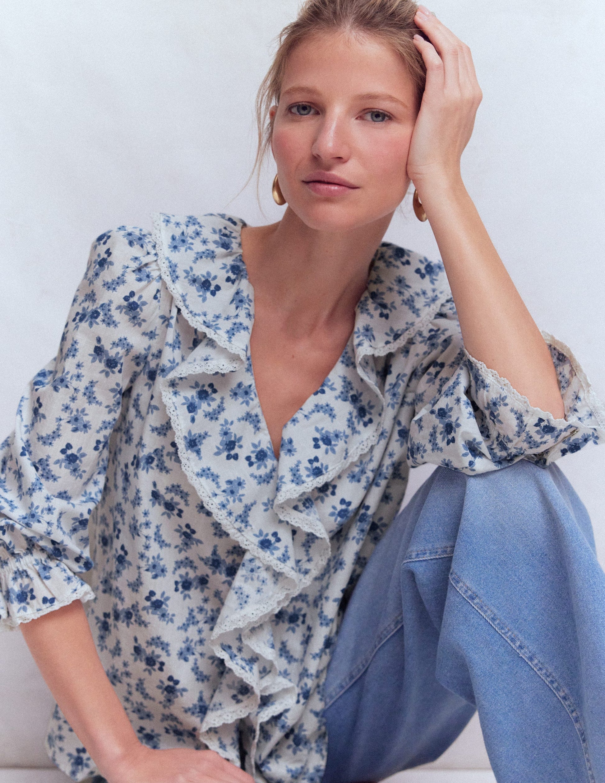 Eliza Ruffle V-Neck Blouse-Tourmaline Blue, Dainty Vine-2