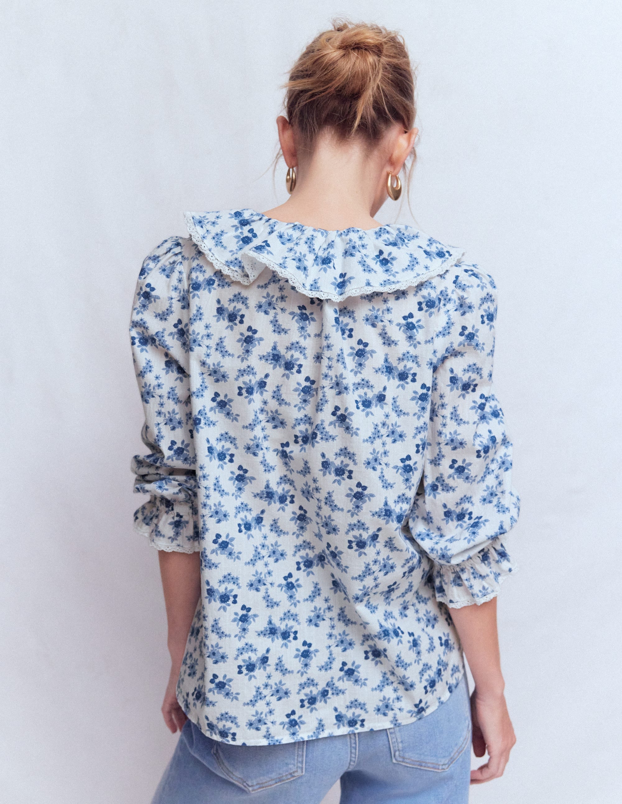 Eliza Ruffle V-Neck Blouse-Tourmaline Blue, Dainty Vine - Image 3