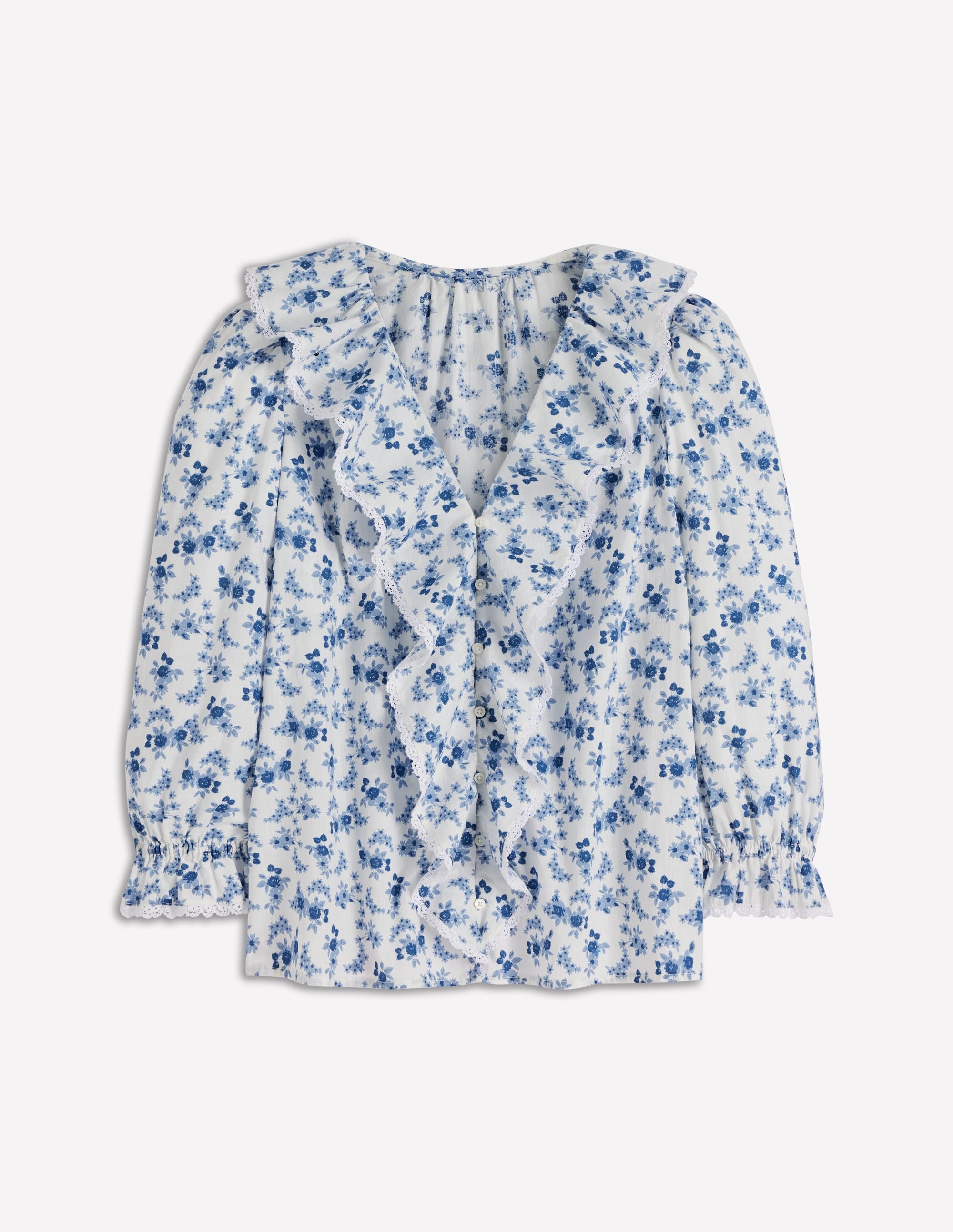 Eliza Ruffle V-Neck Blouse-Tourmaline Blue, Dainty Vine - Image 7