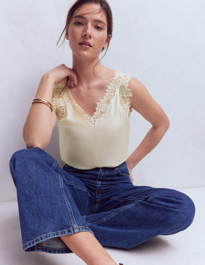 Silk-blend Lace Trim Cami Top-Ivory