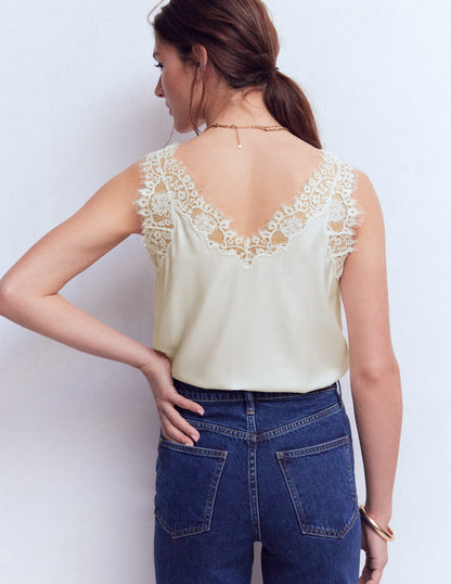 Silk-blend Lace Trim Cami Top-Ivory-3