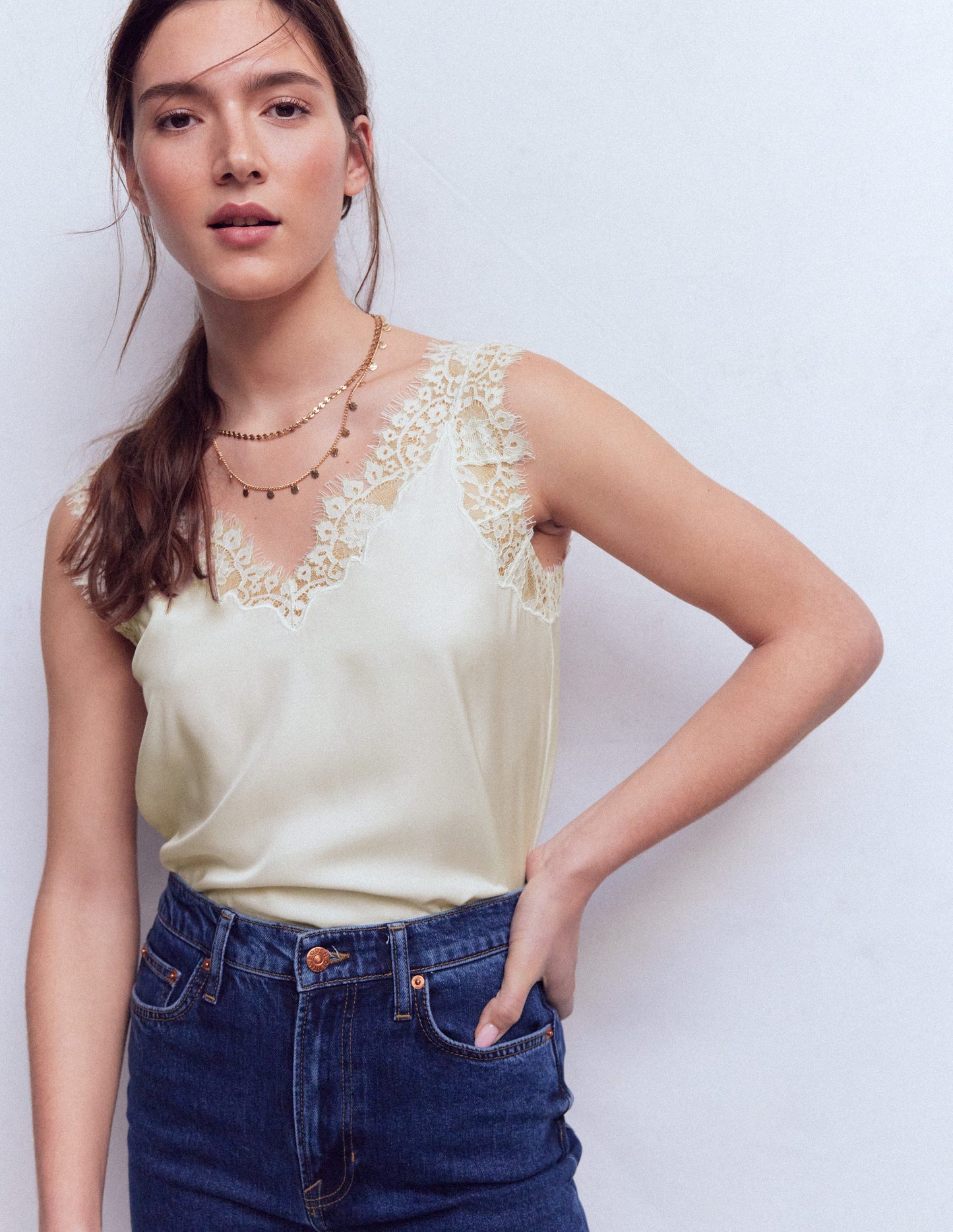 Silk-blend Lace Trim Cami Top-Ivory