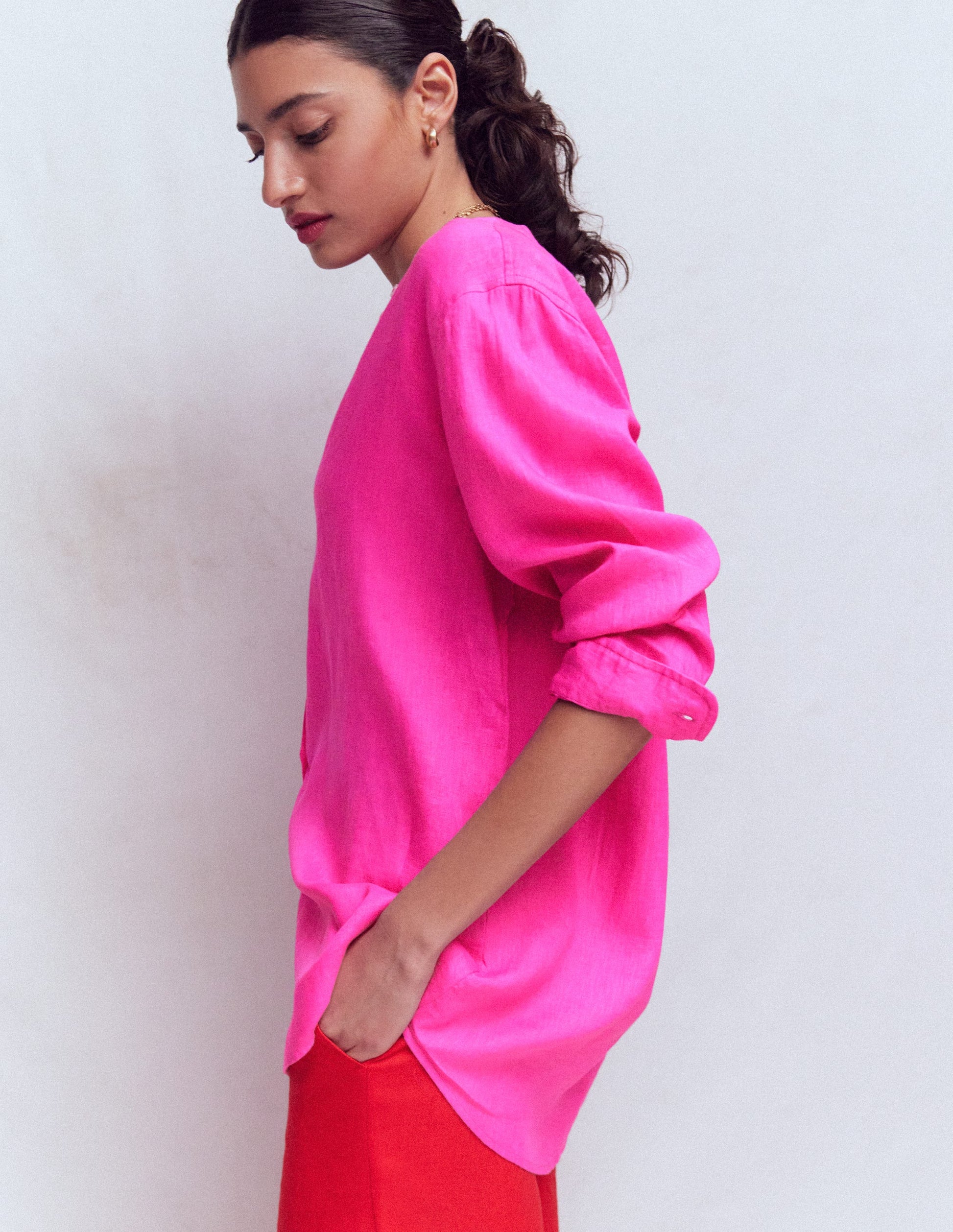 Longline Linen Shirt-Pop Pansy-5