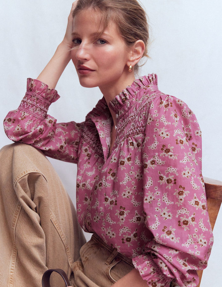 Esme Smocked Detail Frill Top-Pink, Dainty Blooms
