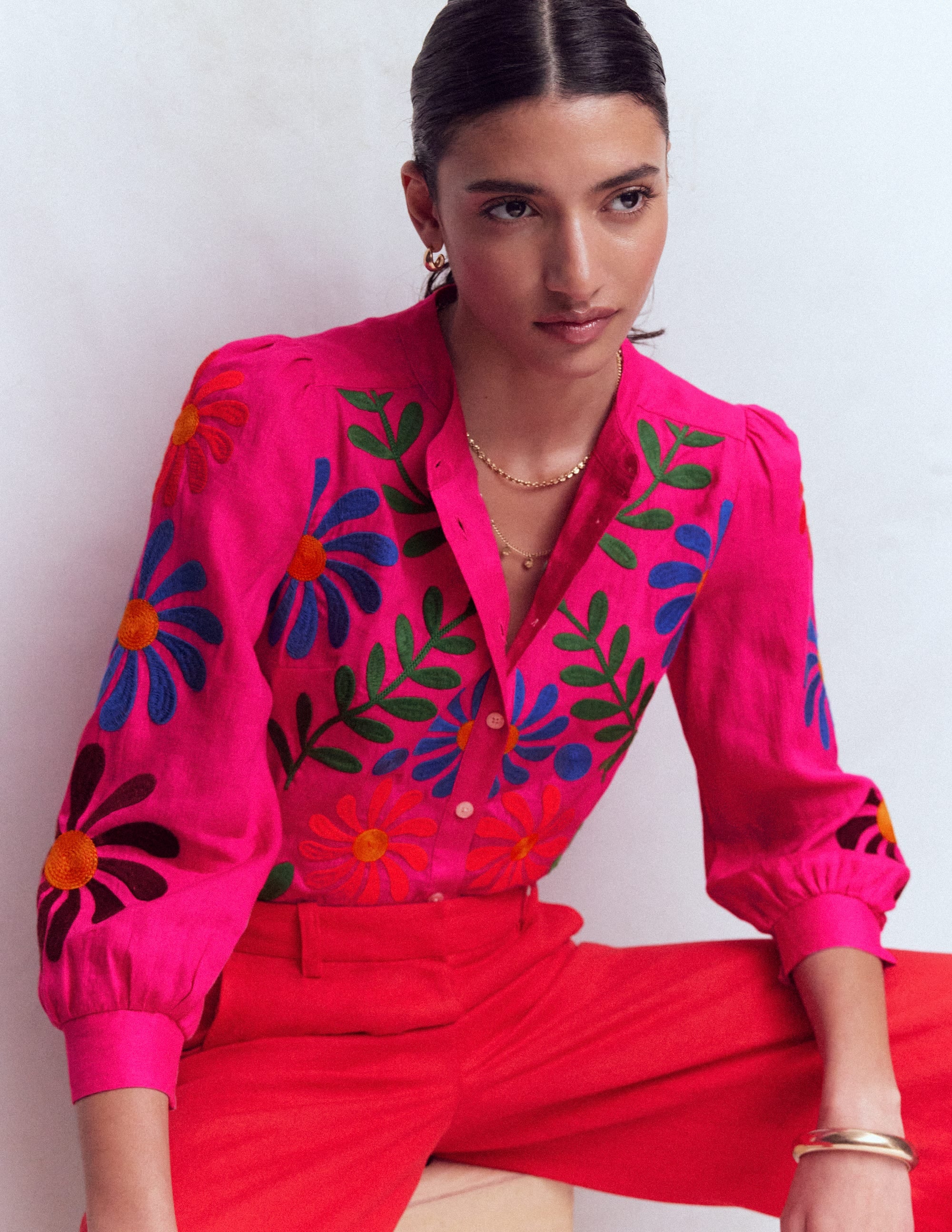 Alicia Linen Top-Pink Peony, Flower Embroidery | Boden UK