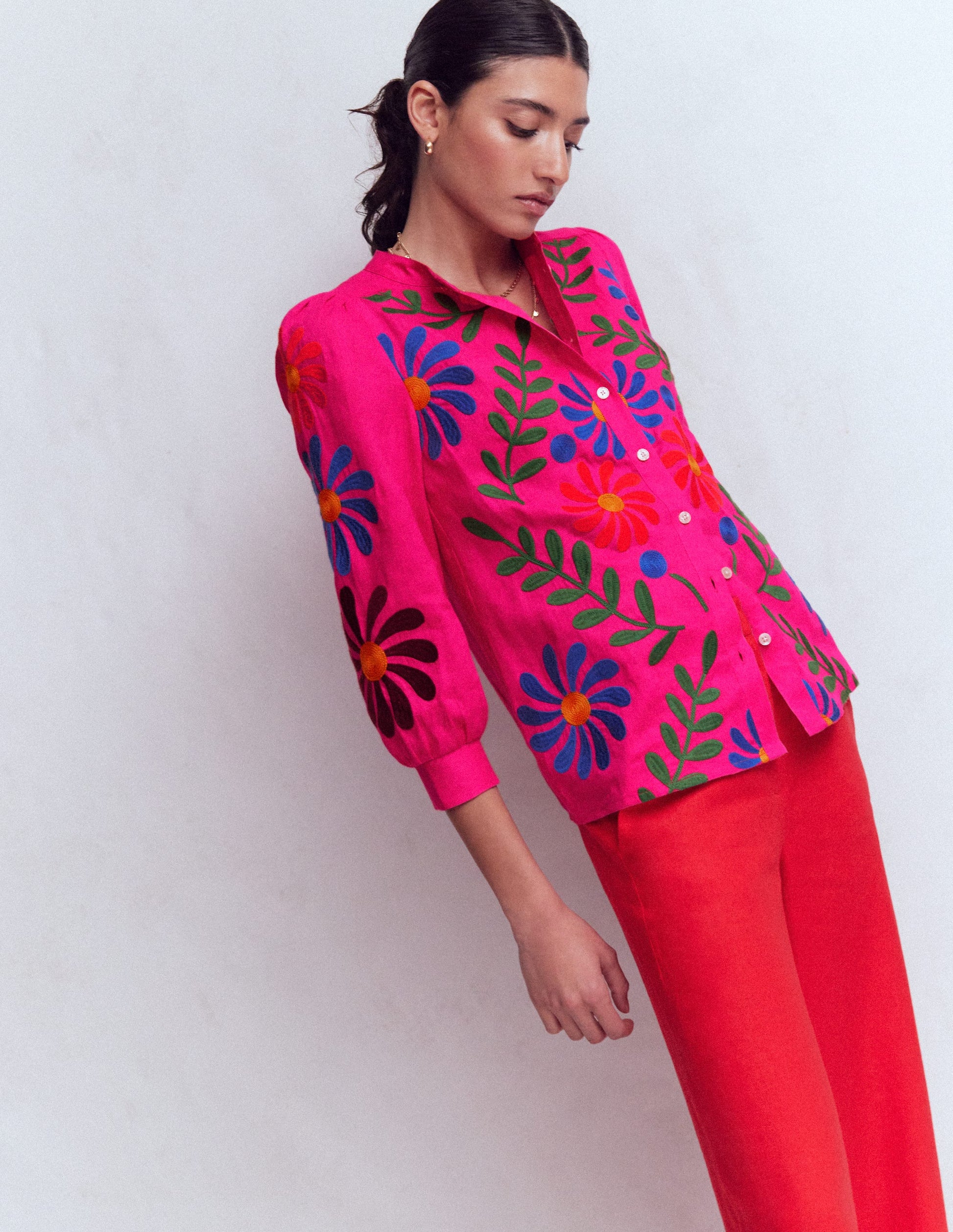 Alicia Linen Top-Pink Peony, Flower Embroidery-4