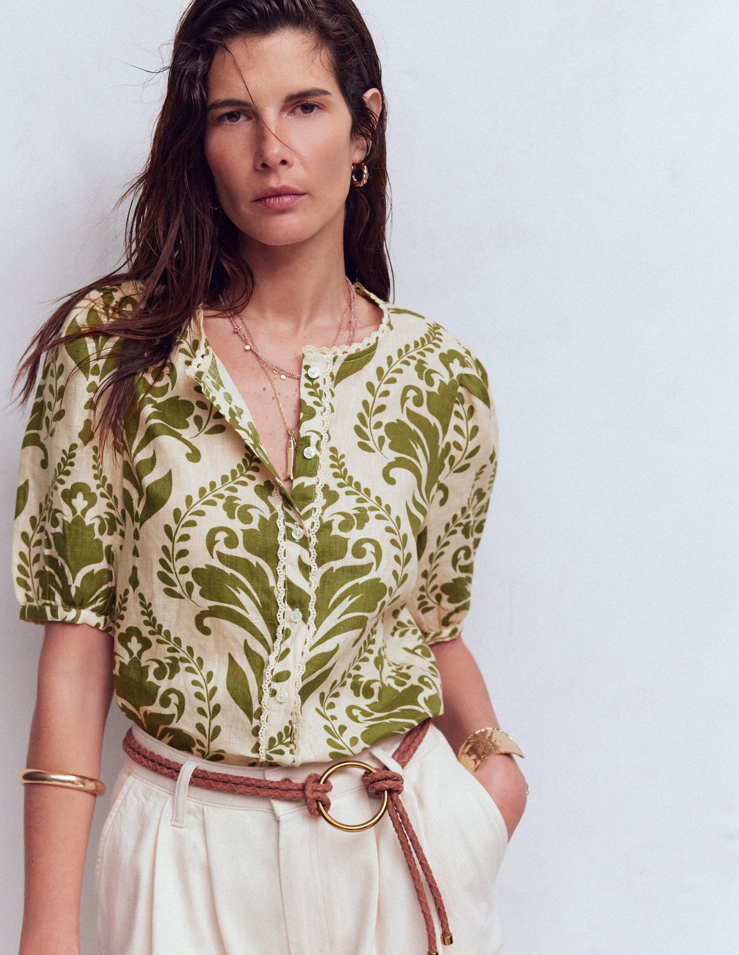 Leah Short Sleeve Linen Top-Ivory and Green Floral