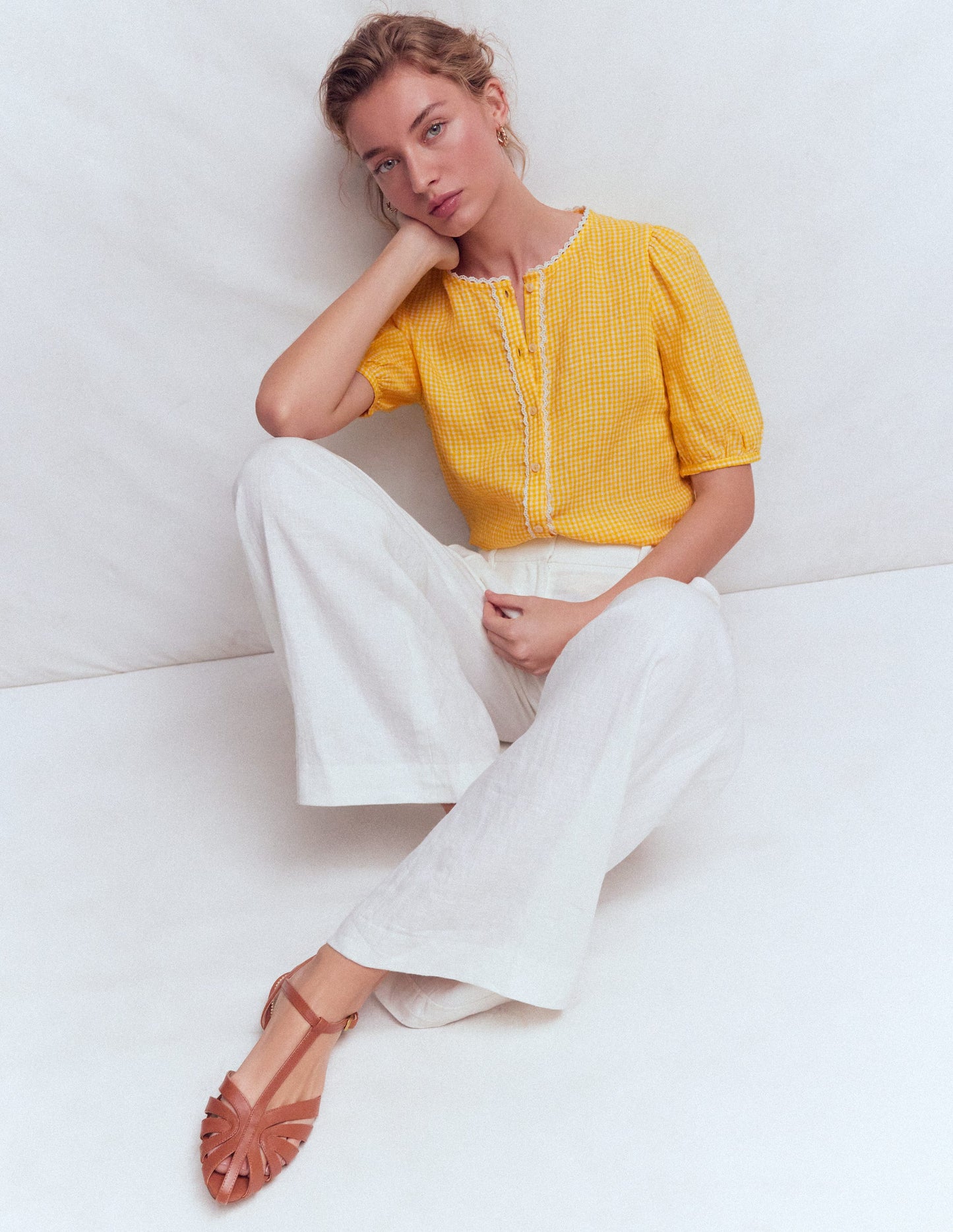 Leah Short Sleeve Linen Top-Yellow Gingham