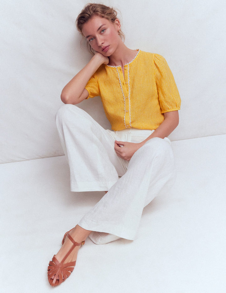 Leah Short Sleeve Linen Top-Yellow Gingham