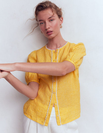 Leah Short Sleeve Linen Top-Yellow Gingham-5