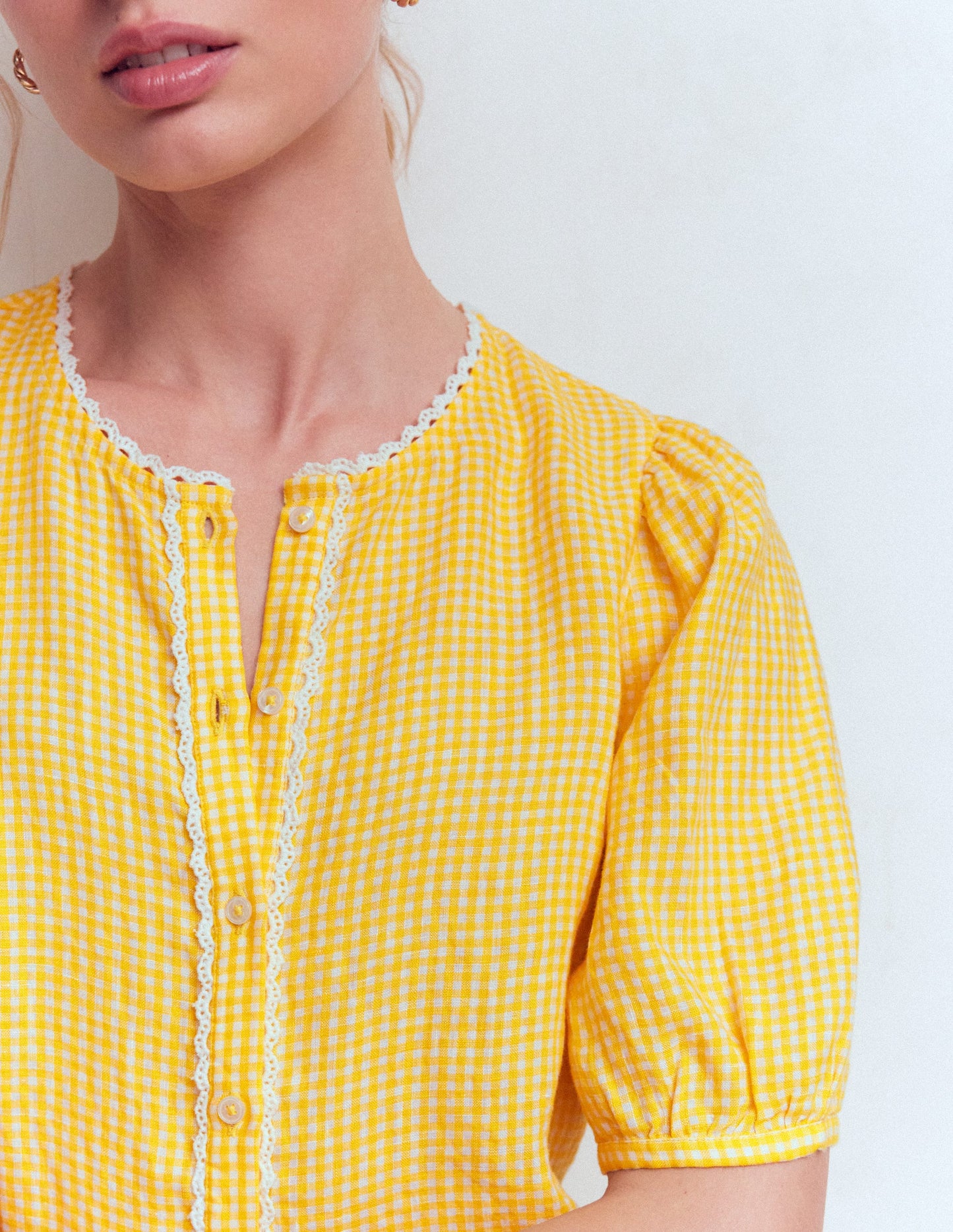 Leah Short Sleeve Linen Top-Yellow Gingham