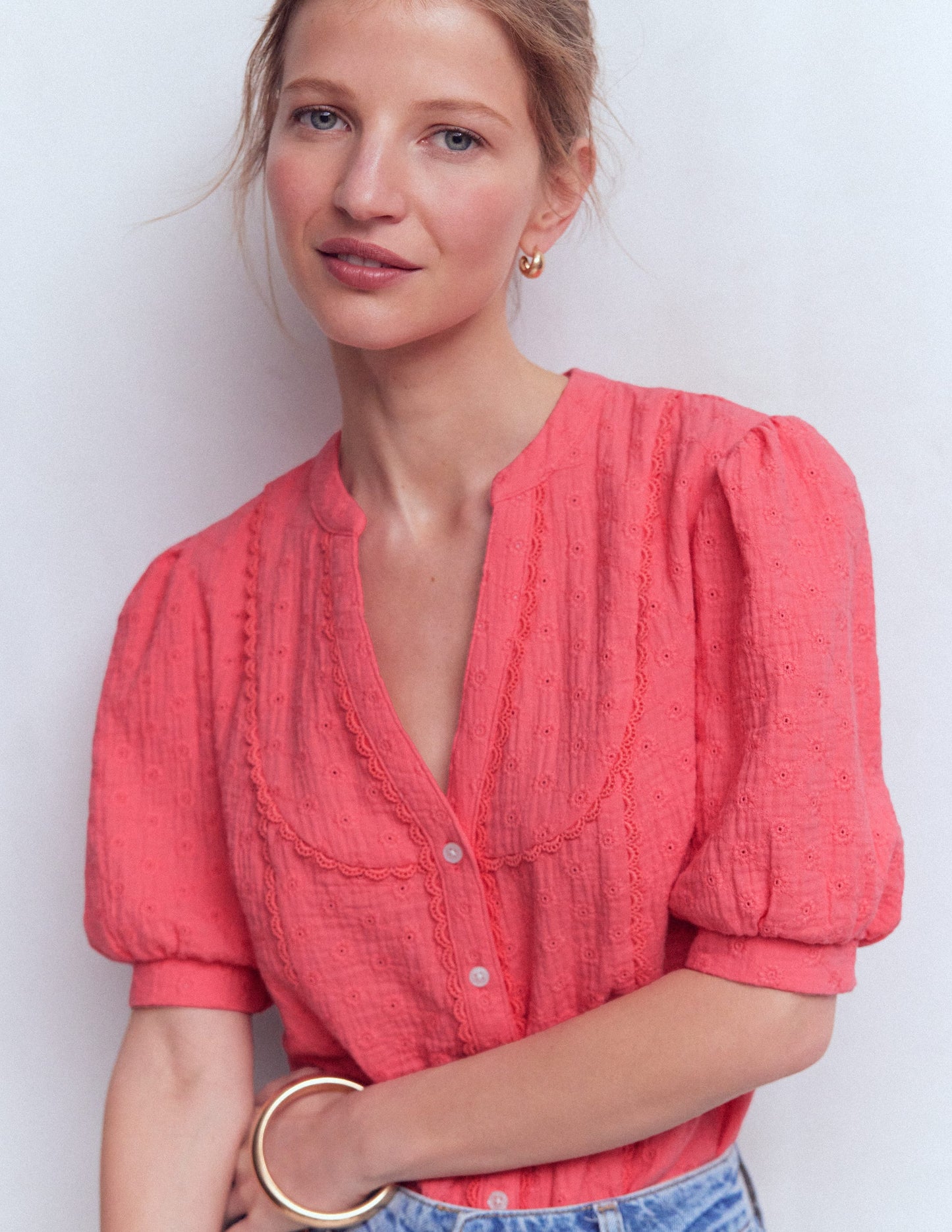 Trim Insert Double Cloth Top-Porcelain rose