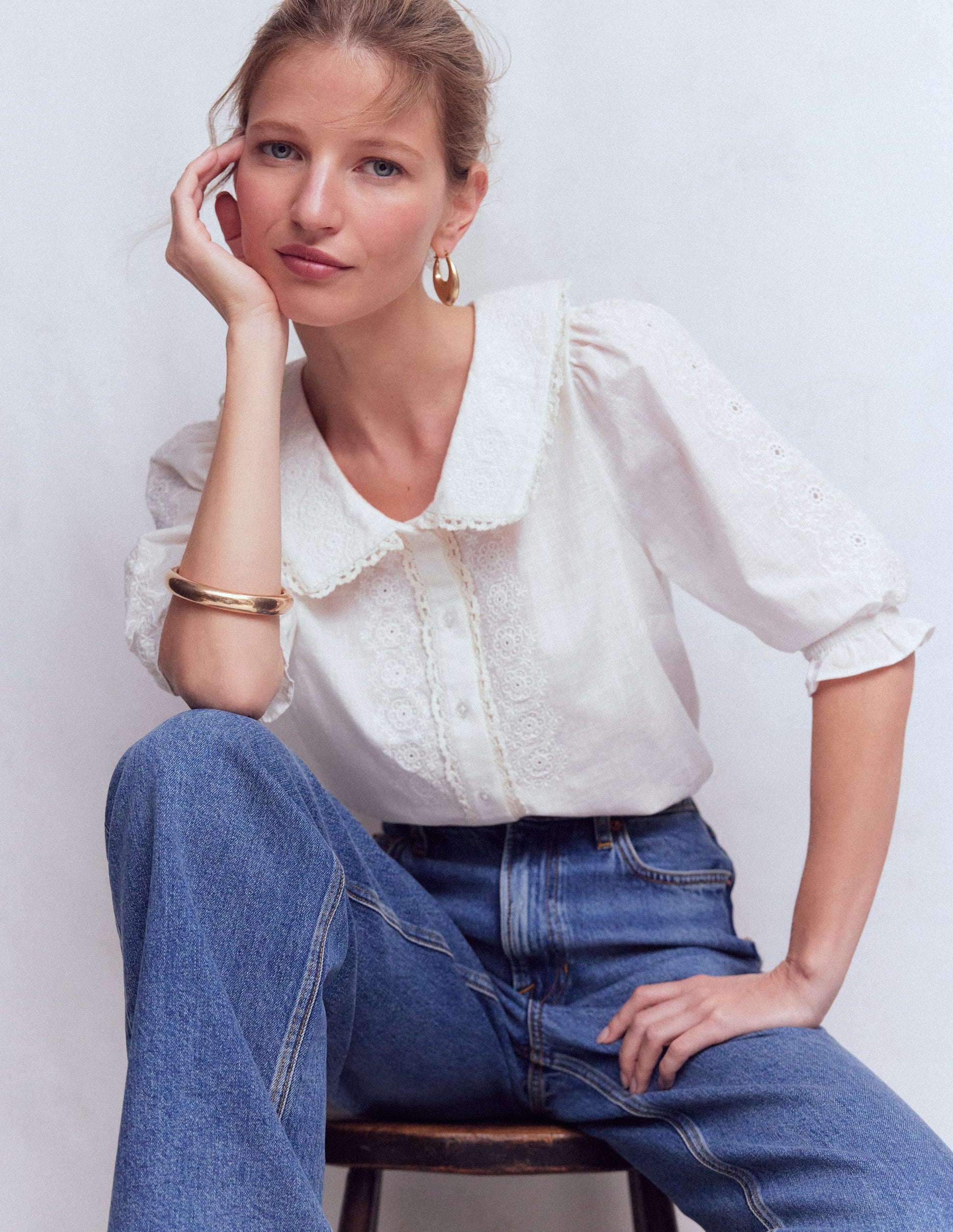 Short Sleeve Pretty Collar Top-White-2