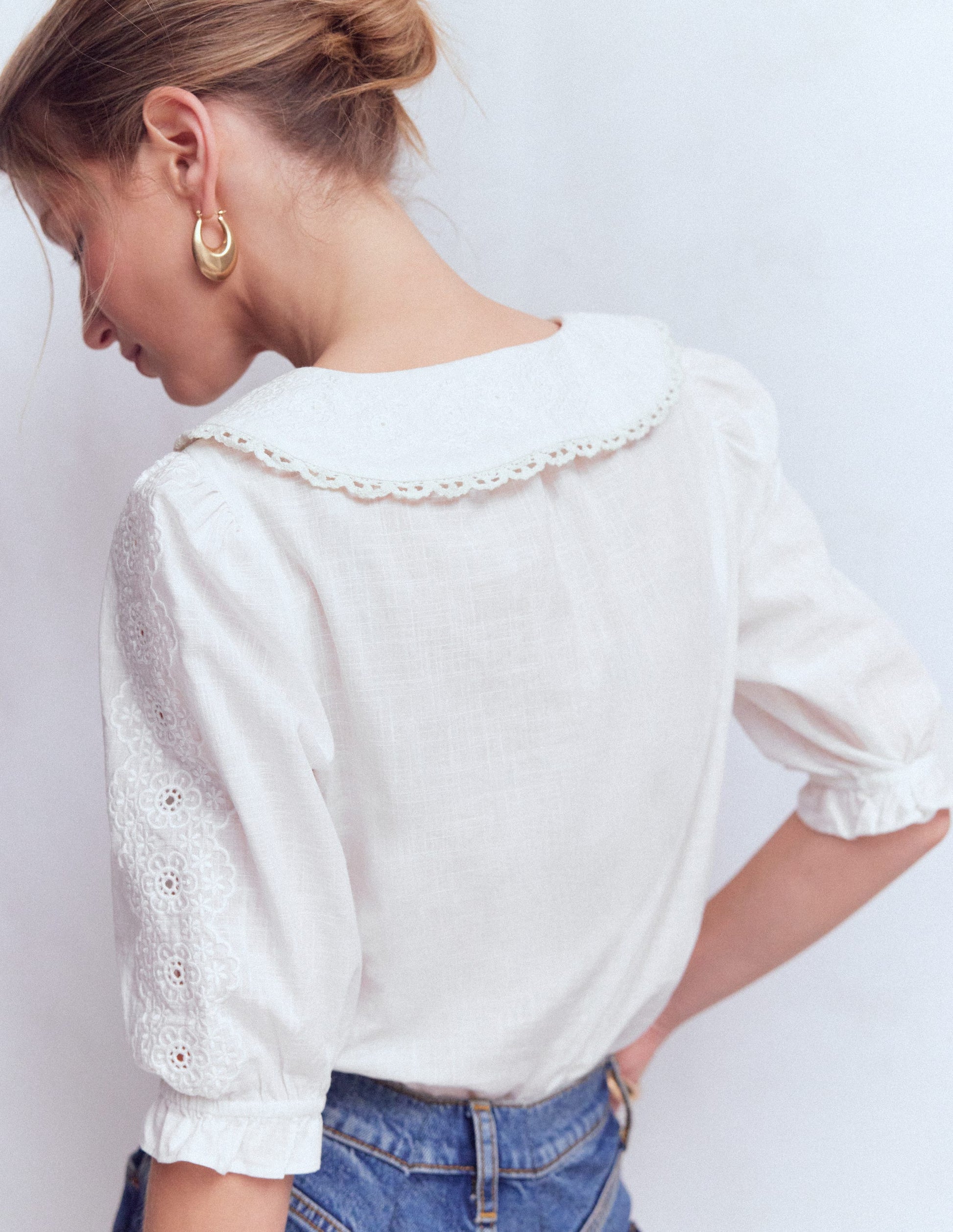 Short Sleeve Pretty Collar Top-White-4