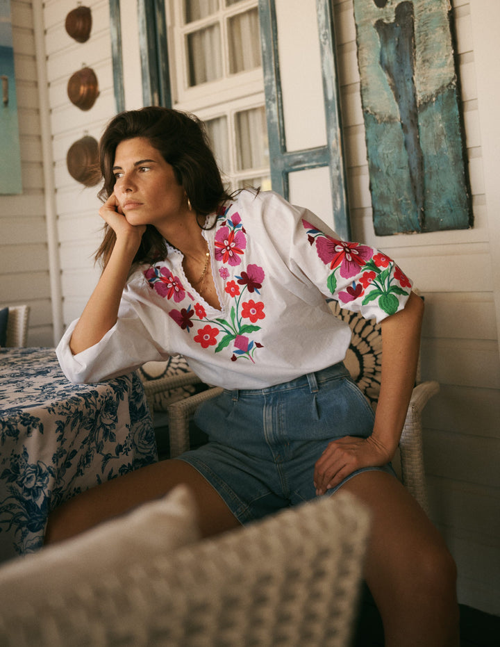 Embroidered Notch Neck Top-Floral Placement Embroidery