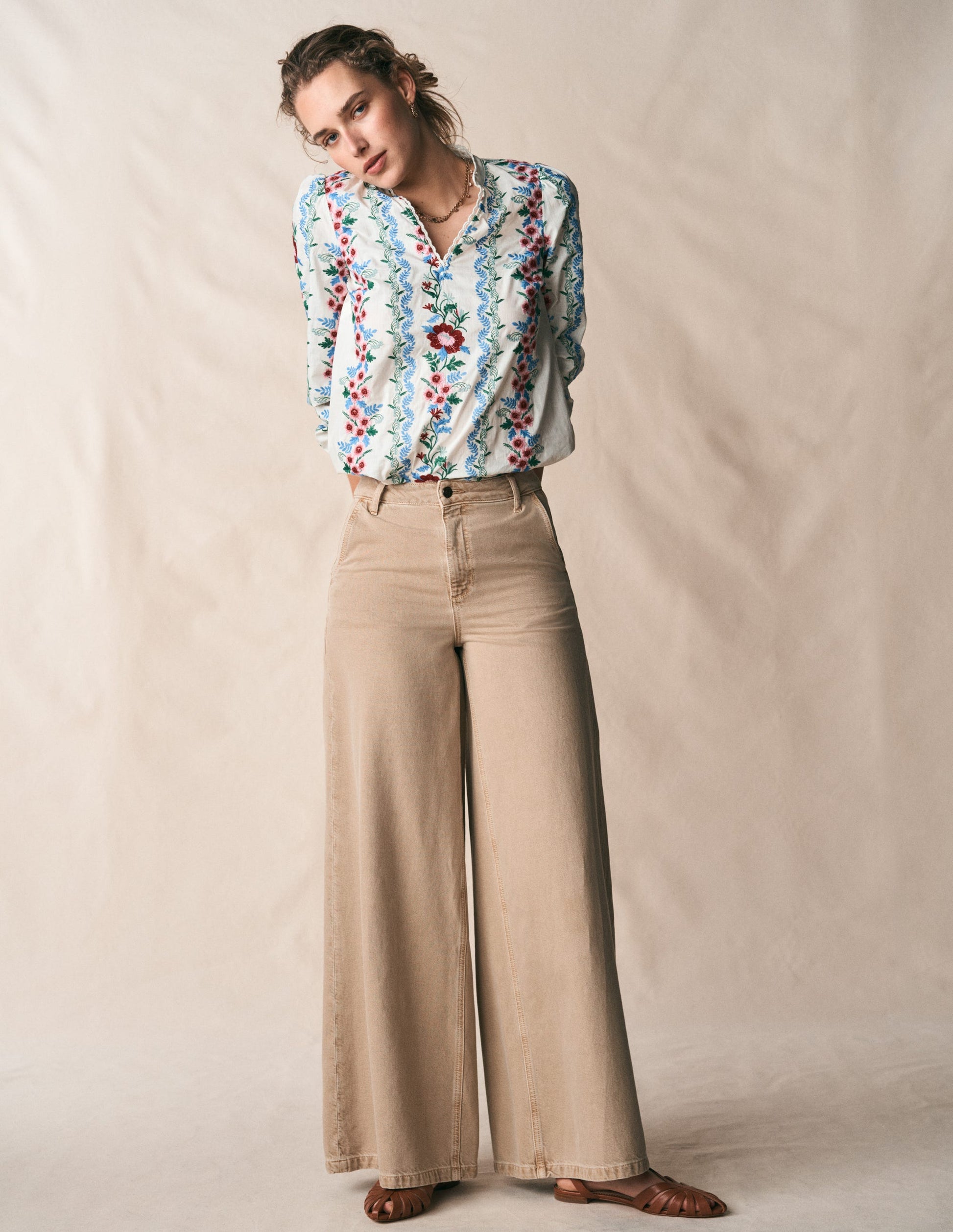 Embroidered Notch Neck Top-Floral Embroidery-1