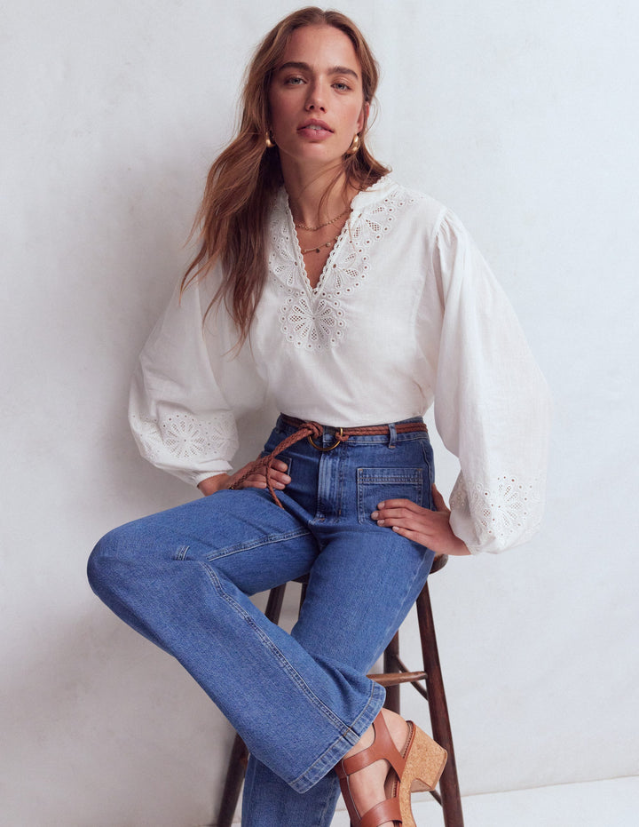 Embroidered Cotton Popover Top-White
