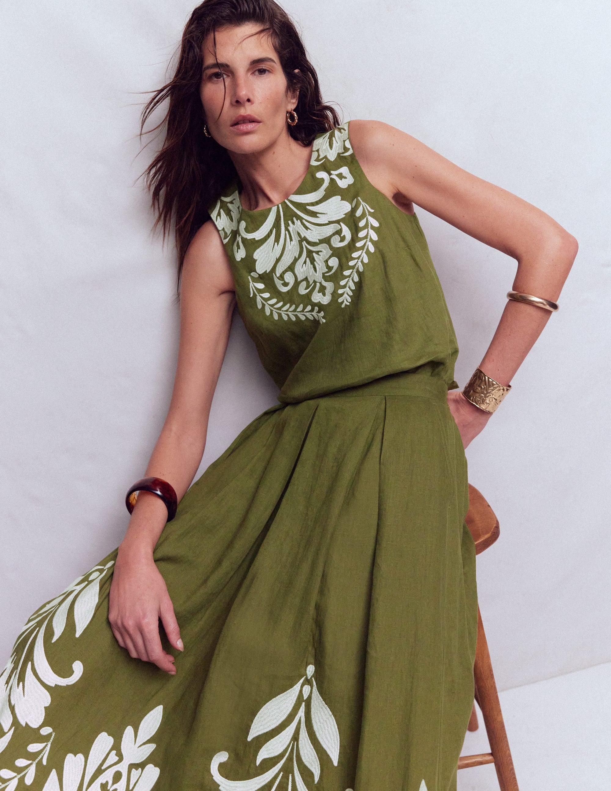 Sofia Embroidered Linen Top-Woodland Green - Image 1