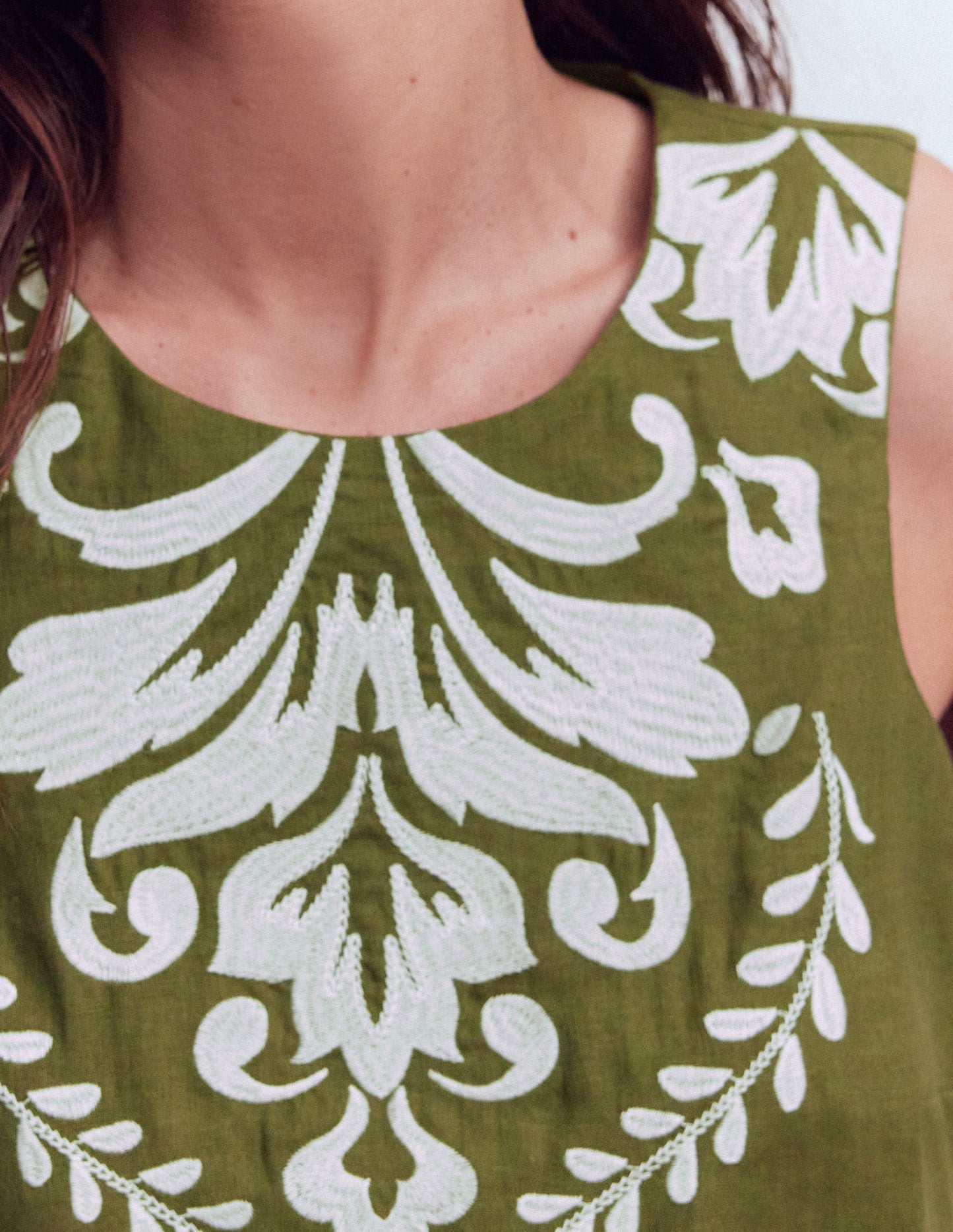 Sofia Embroidered Linen Top-Winter moss, Ivory EMB